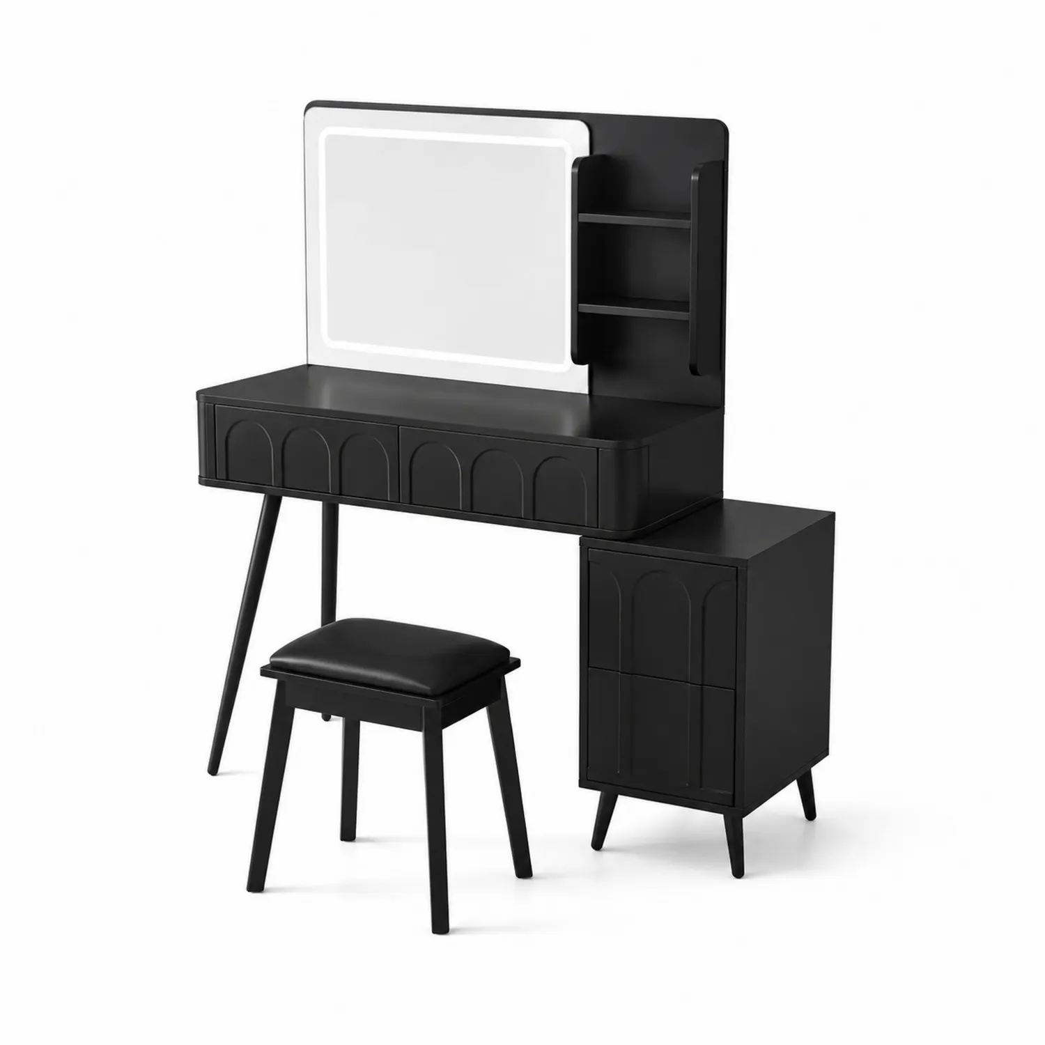Coiffeuse en MDF noire avec miroir et tabouret