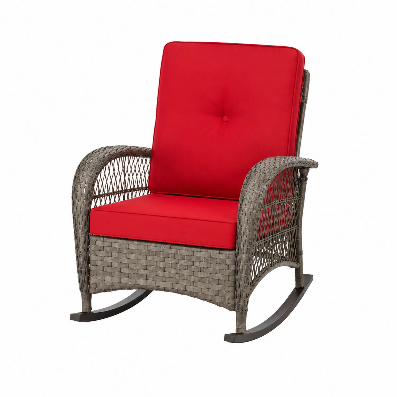 Fauteuil à bascule en résine tressée avec coussins rouges