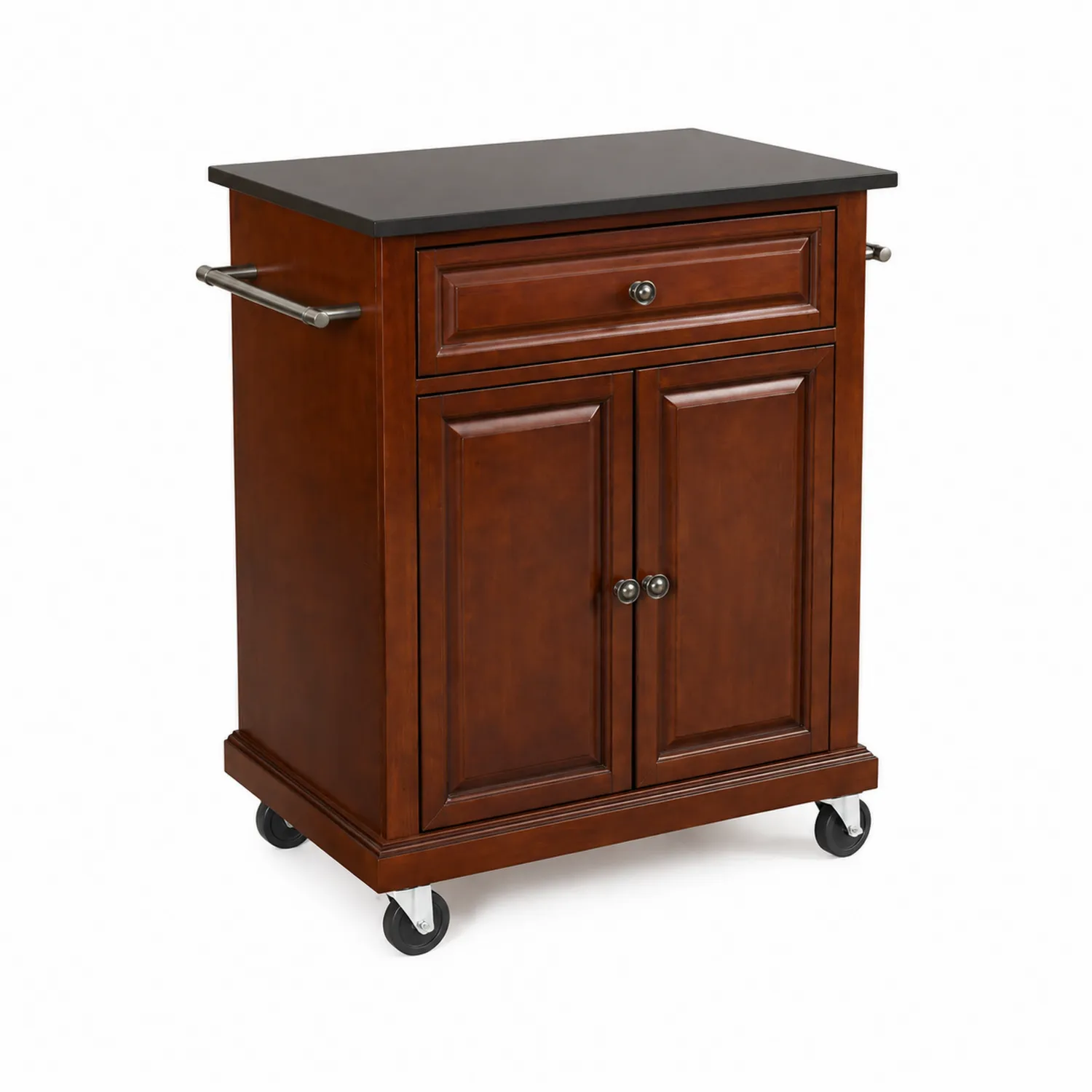 Chariot de cuisine en bois avec plateau noir et roulettes