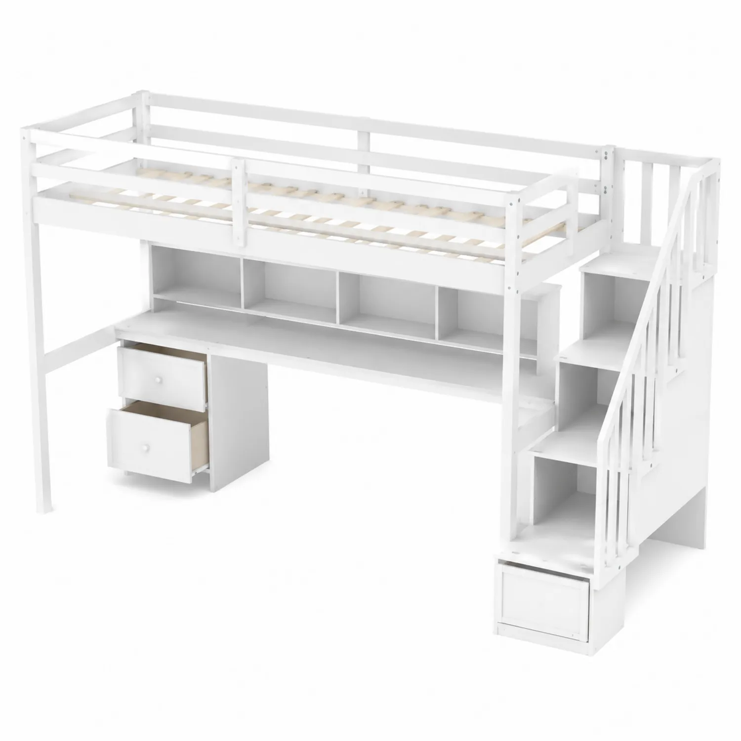 Lit mezzanine en bois blanc avec échelle et rangement