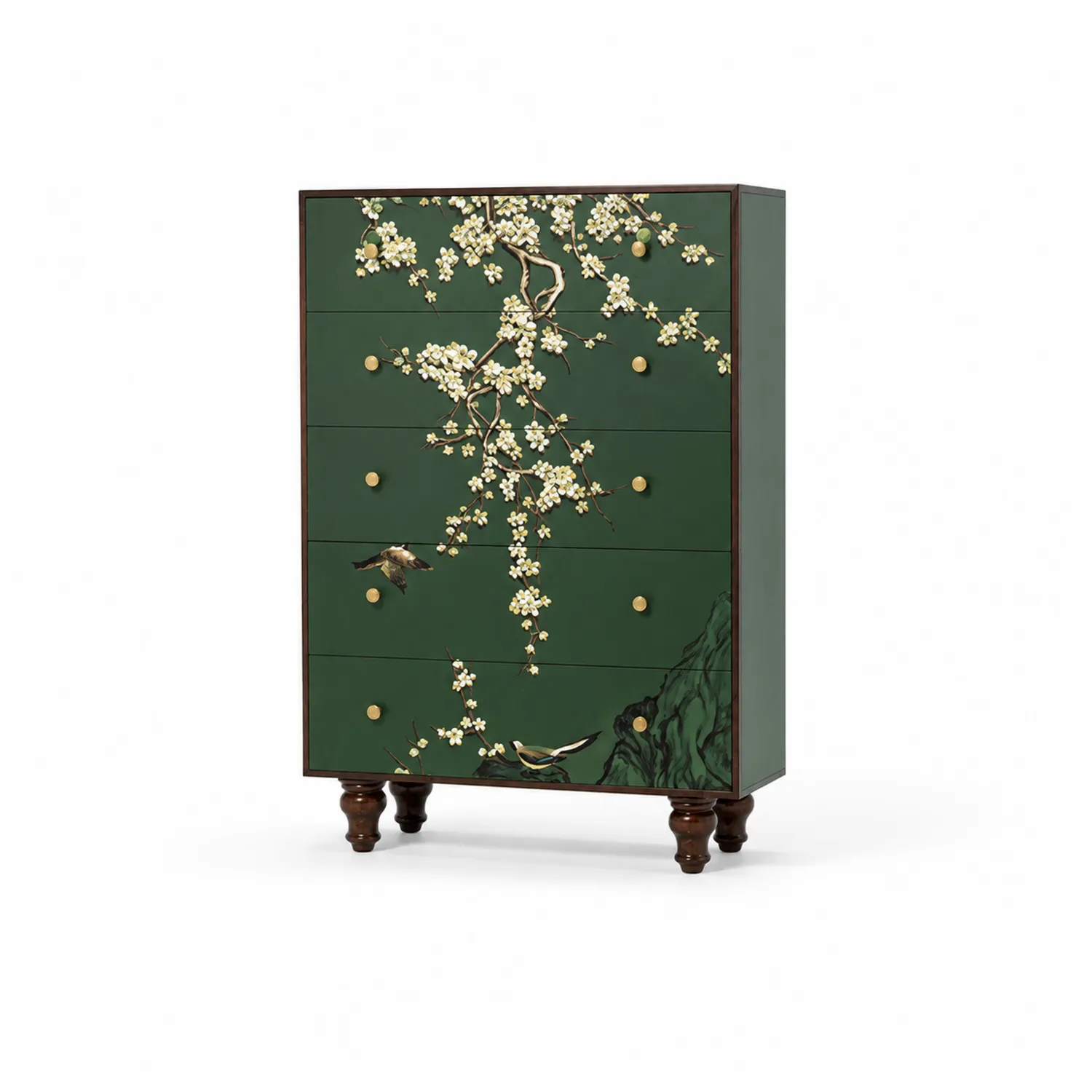 Commode en bois peint à 5 tiroirs florale