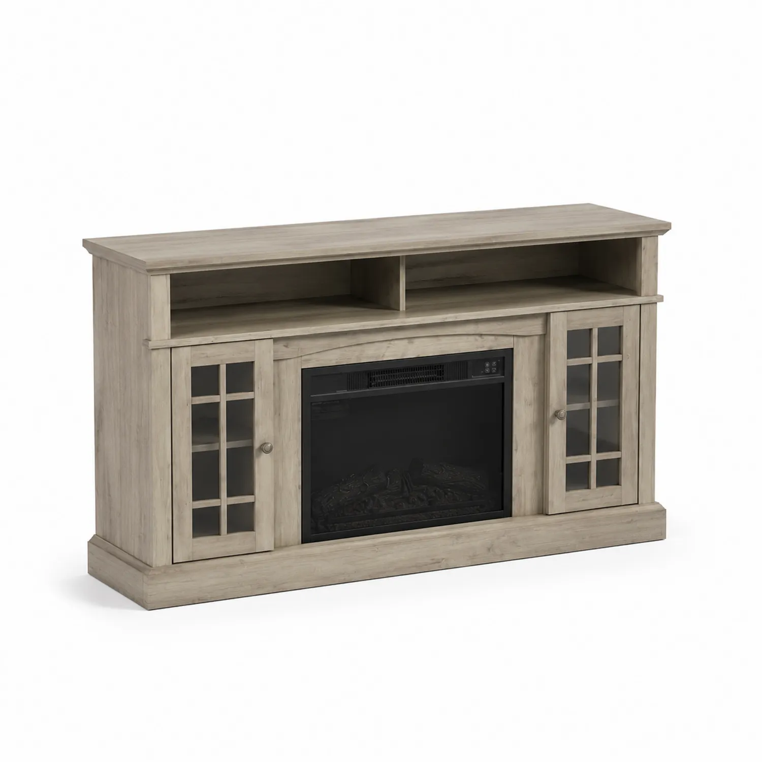 Meuble TV avec cheminée intégrée en bois clair et verre trempé 152 cm