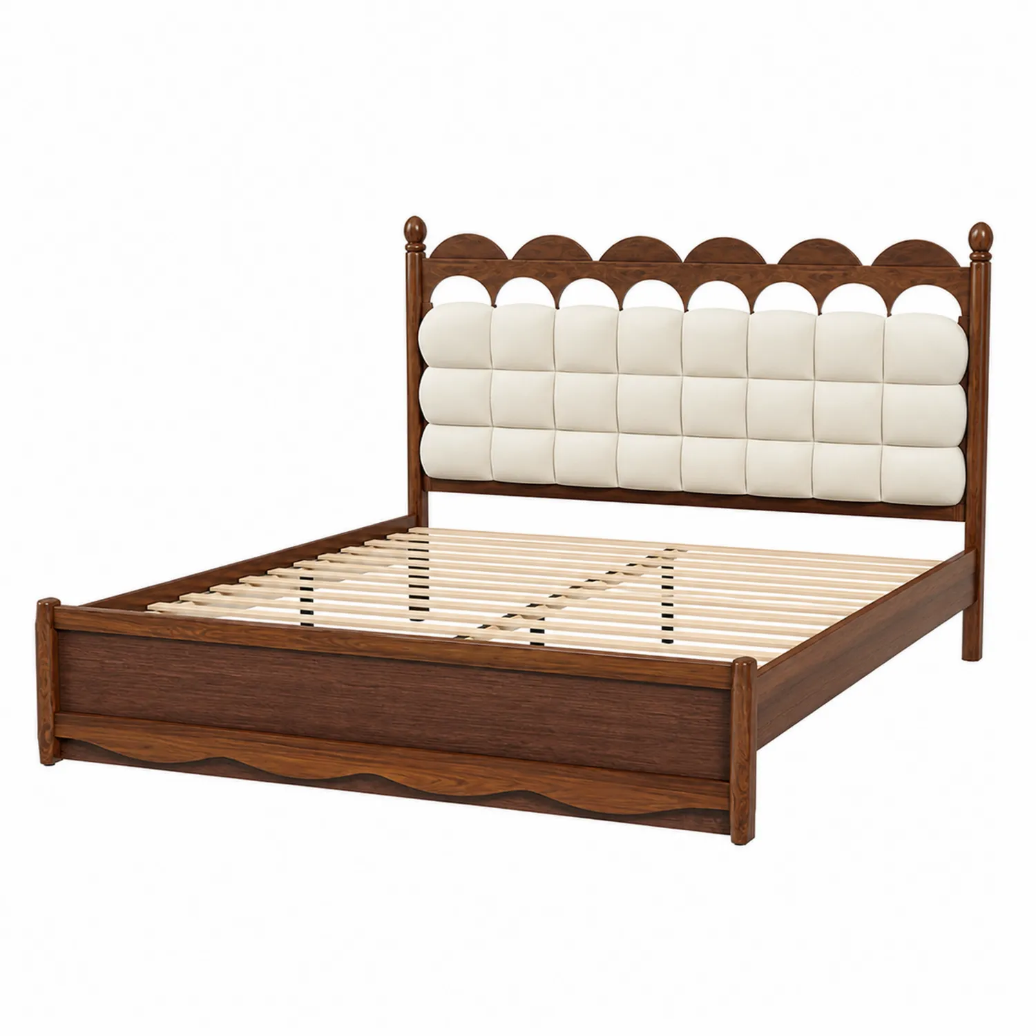 Lit double en bois avec tête de lit en tissu crème 200x160cm