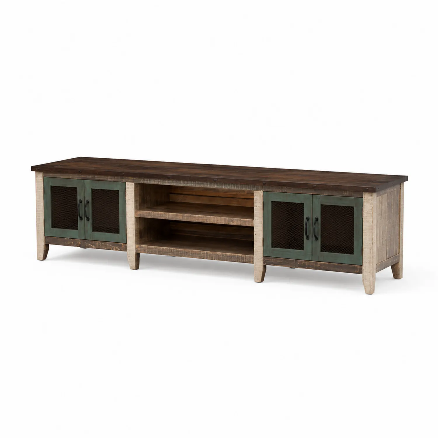 Meuble TV en bois brun et vert avec étagères et portes grillagées
