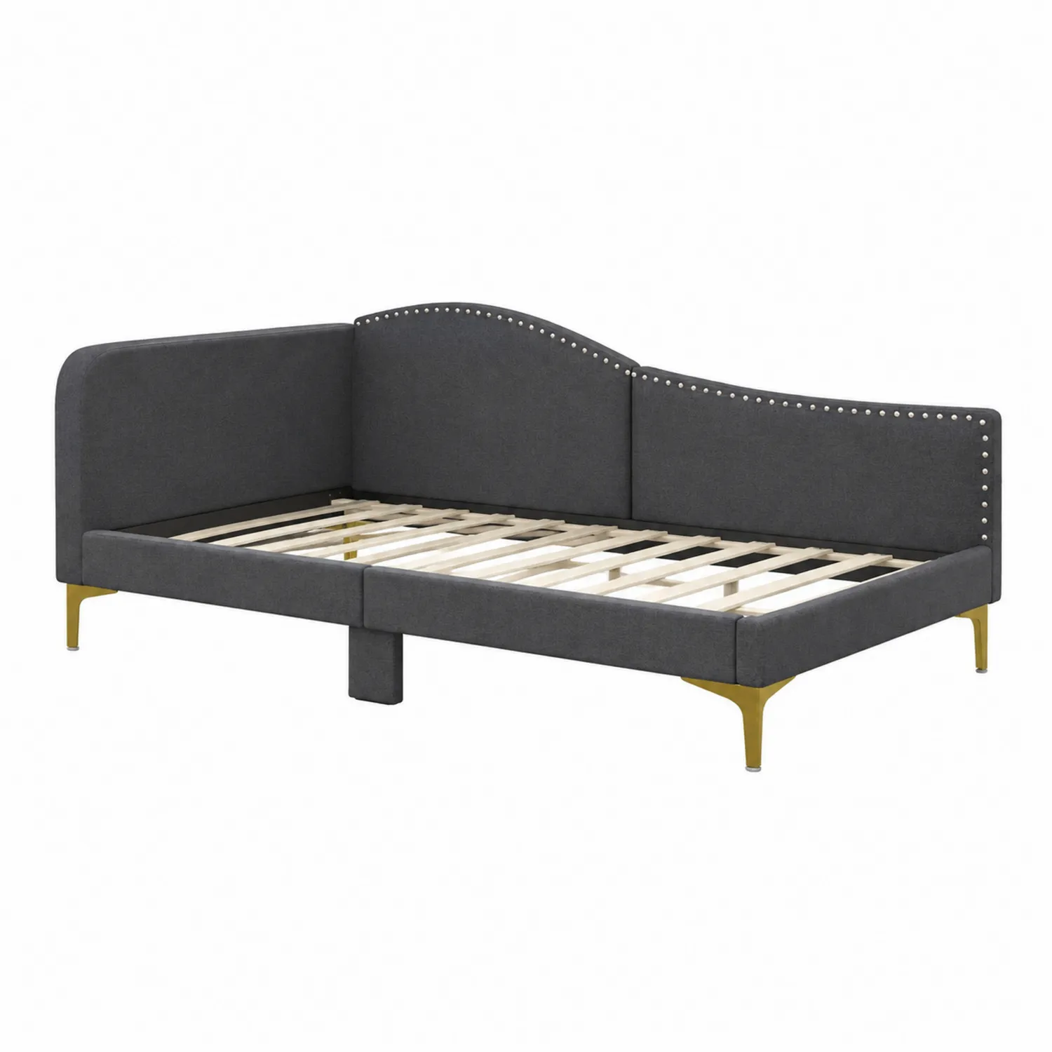 Lit banquette d'angle en tissu polyester gris avec pieds en métal doré