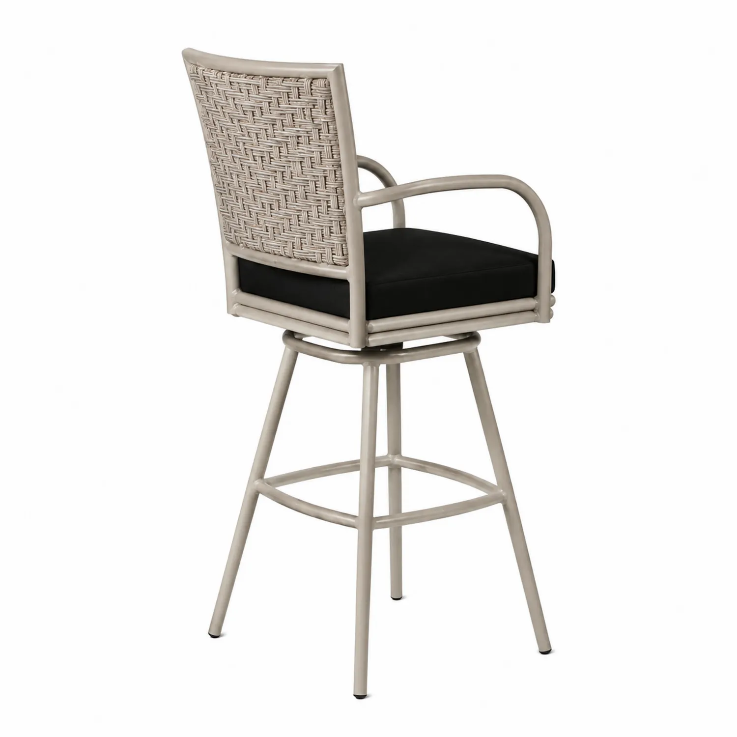 Tabouret de bar en métal avec dossier tissé et coussin noir
