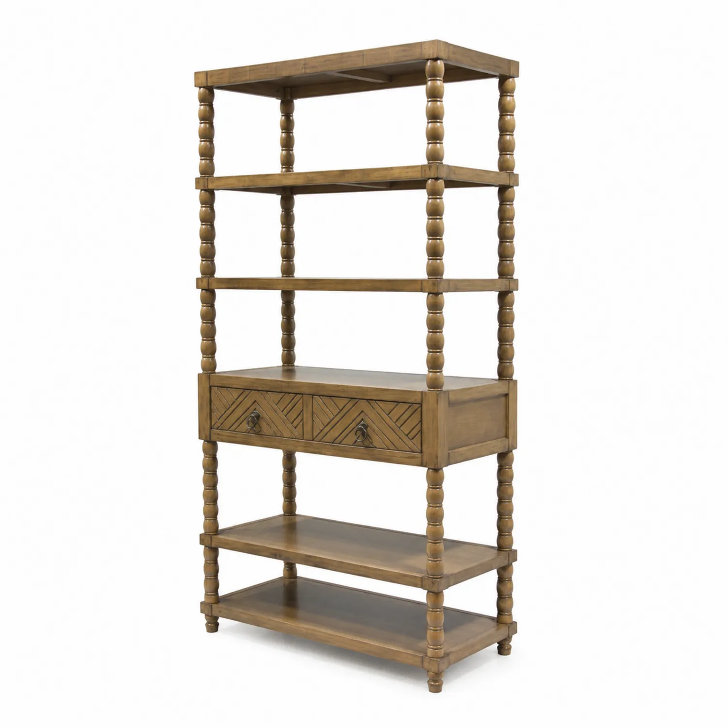 Bibliothèque en bois massif brun avec étagères et tiroirs, 180 cm