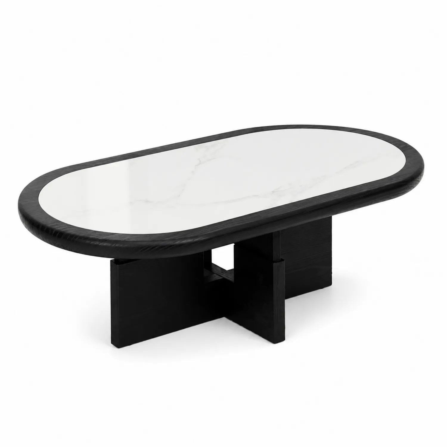 Table basse ovale en bois noir avec surface en marbre blanc 120x60x40 cm