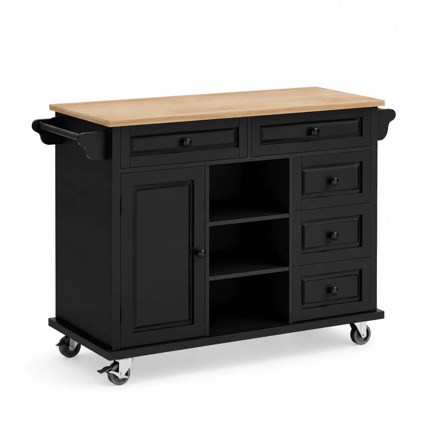 Îlot de cuisine en bois et MDF noir avec roulettes