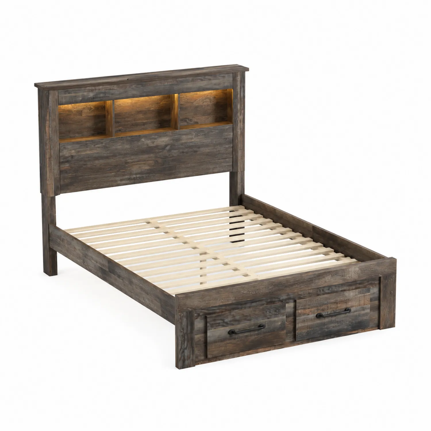 Lit double en bois avec rangements et éclairage LED 140x200 cm