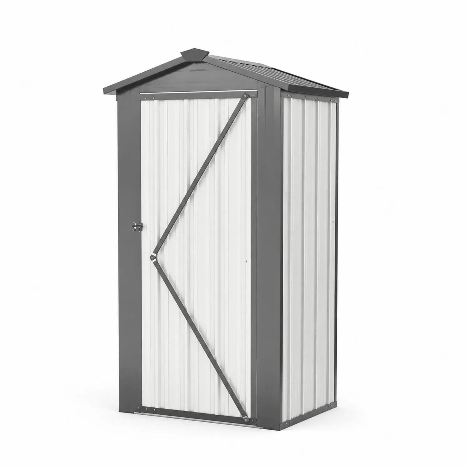 Abri de rangement en métal gris et blanc avec toit à deux pentes
