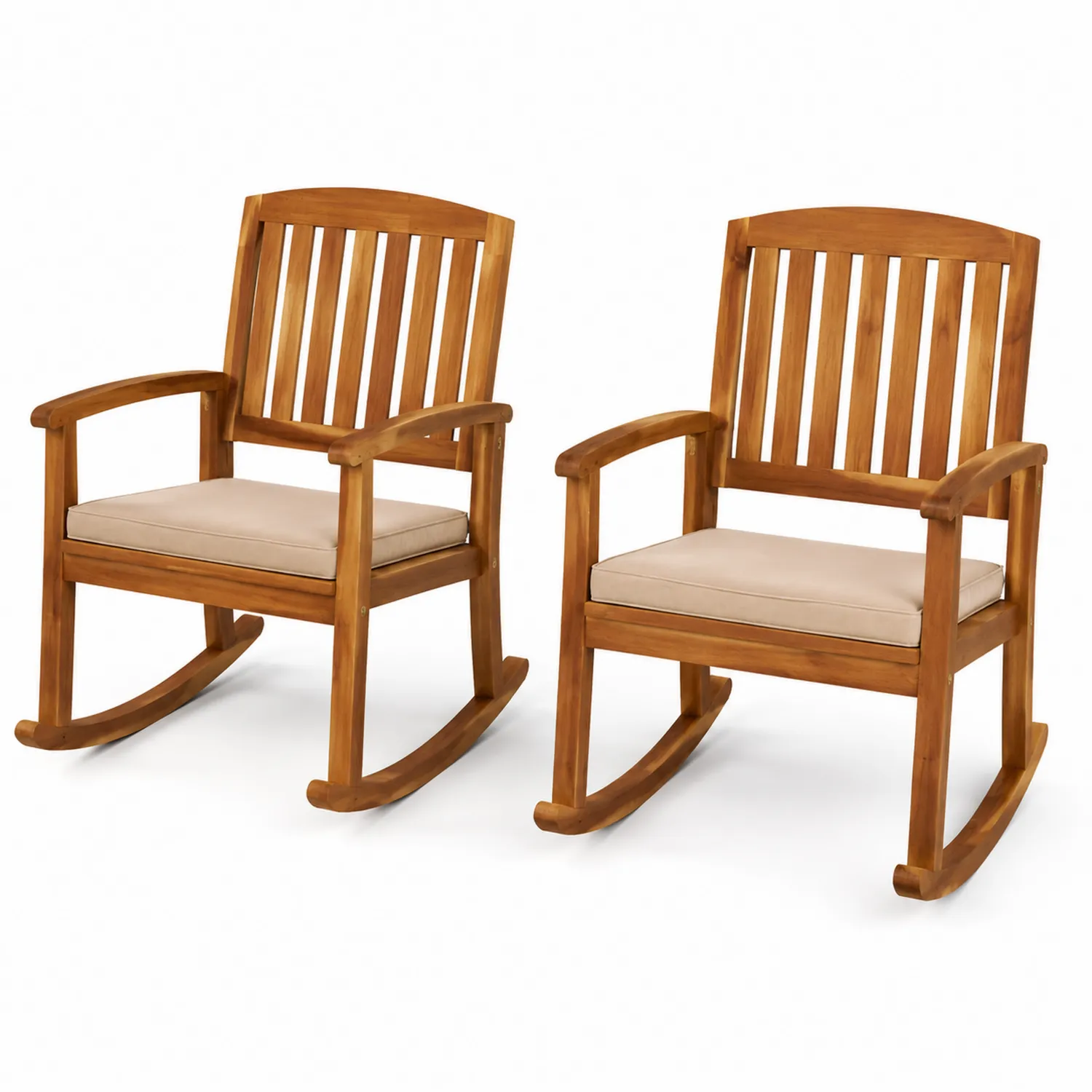 Paire de chaises à bascule en bois avec coussins en polyester beige