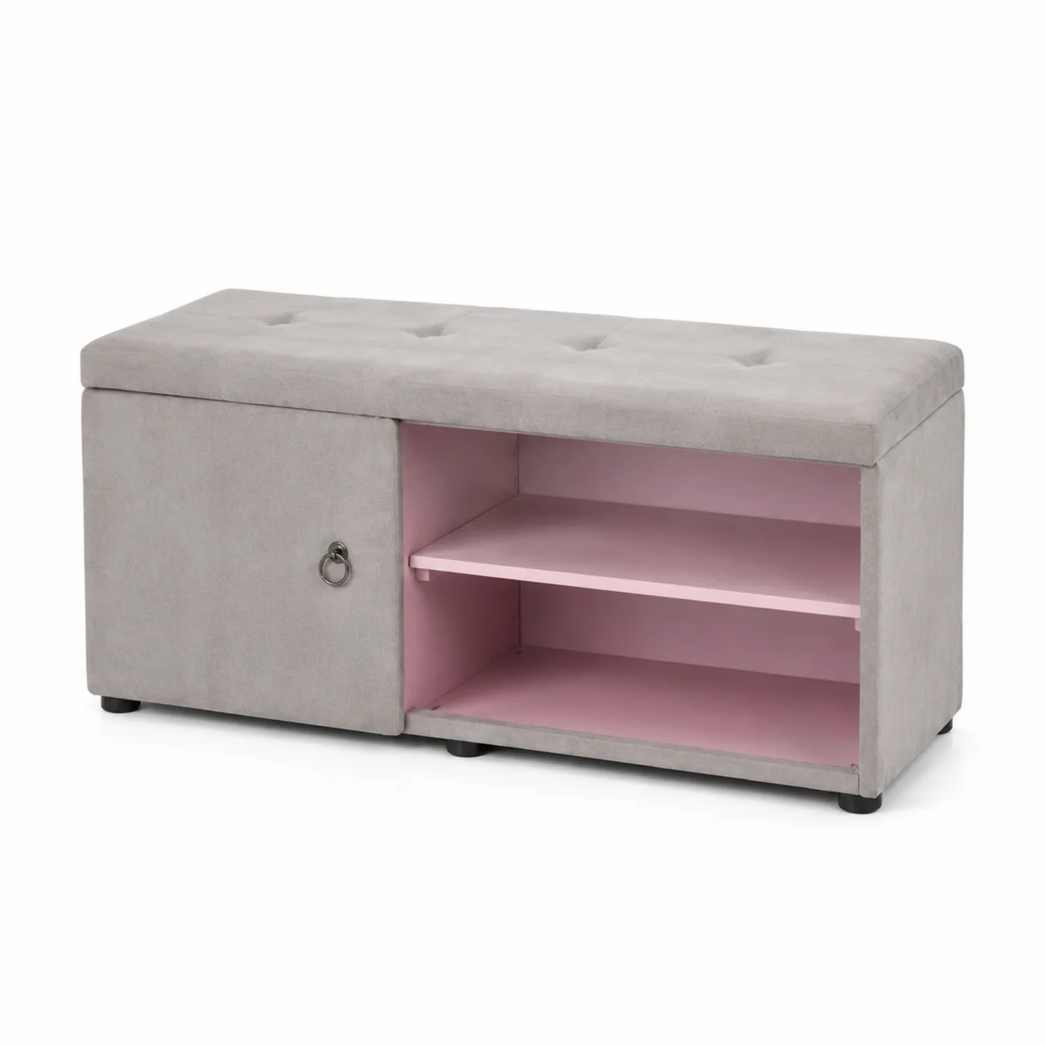 Banc de rangement en bois et velours Gris/Rose 100x40x45 cm
