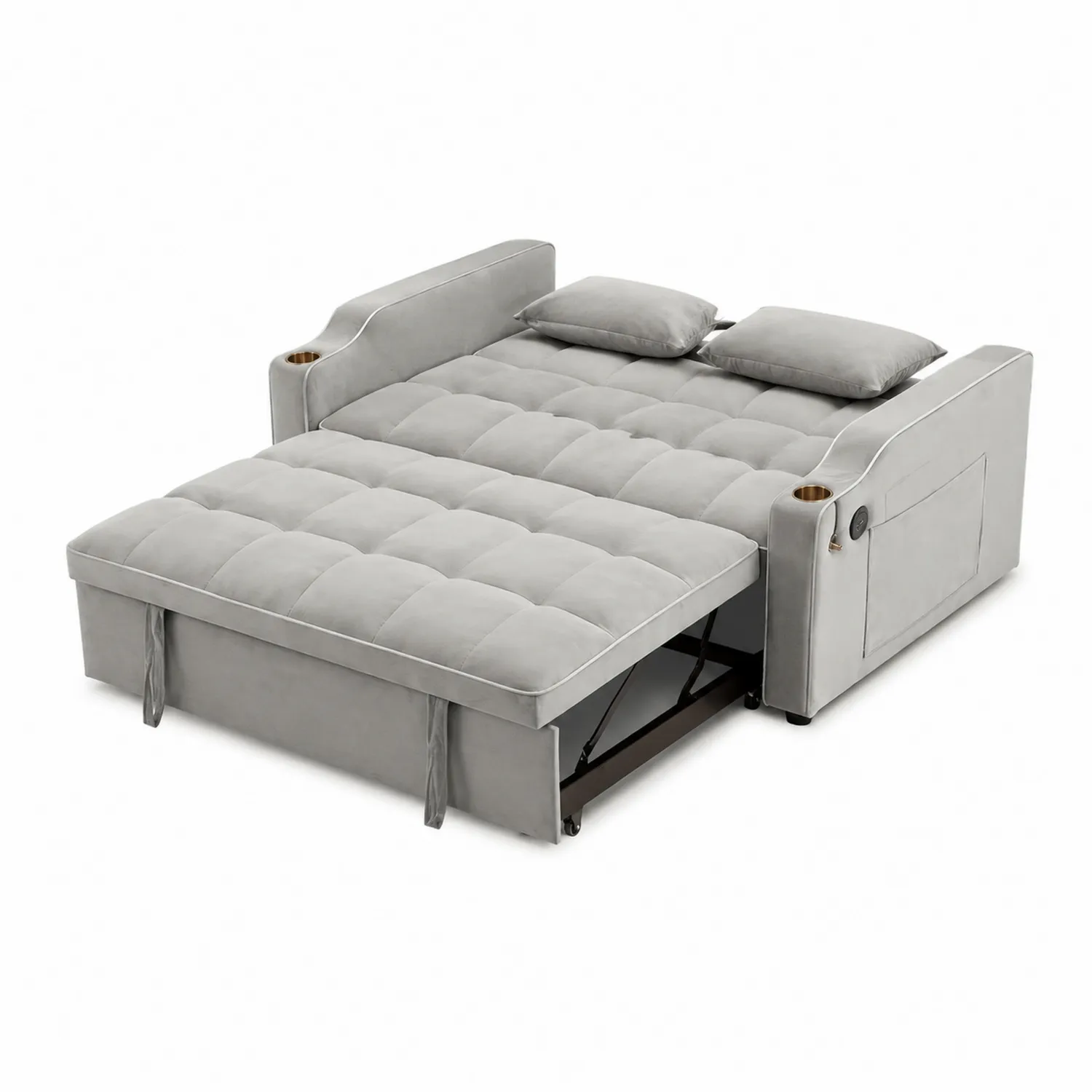 Canapé convertible en velours gris avec rangement et porte-gobelets