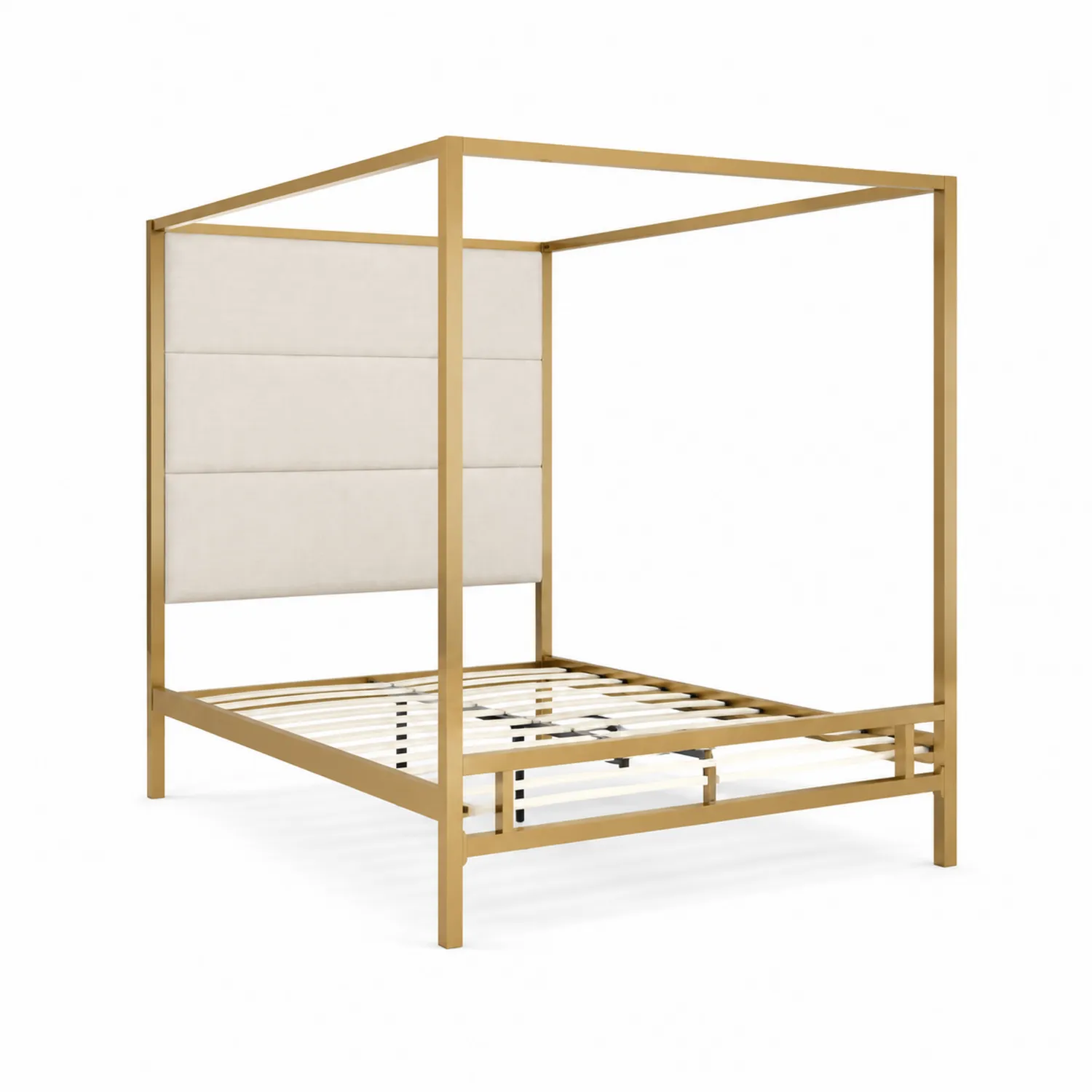 Lit à baldaquin en métal doré avec tête de lit en tissu crème 200x140 cm