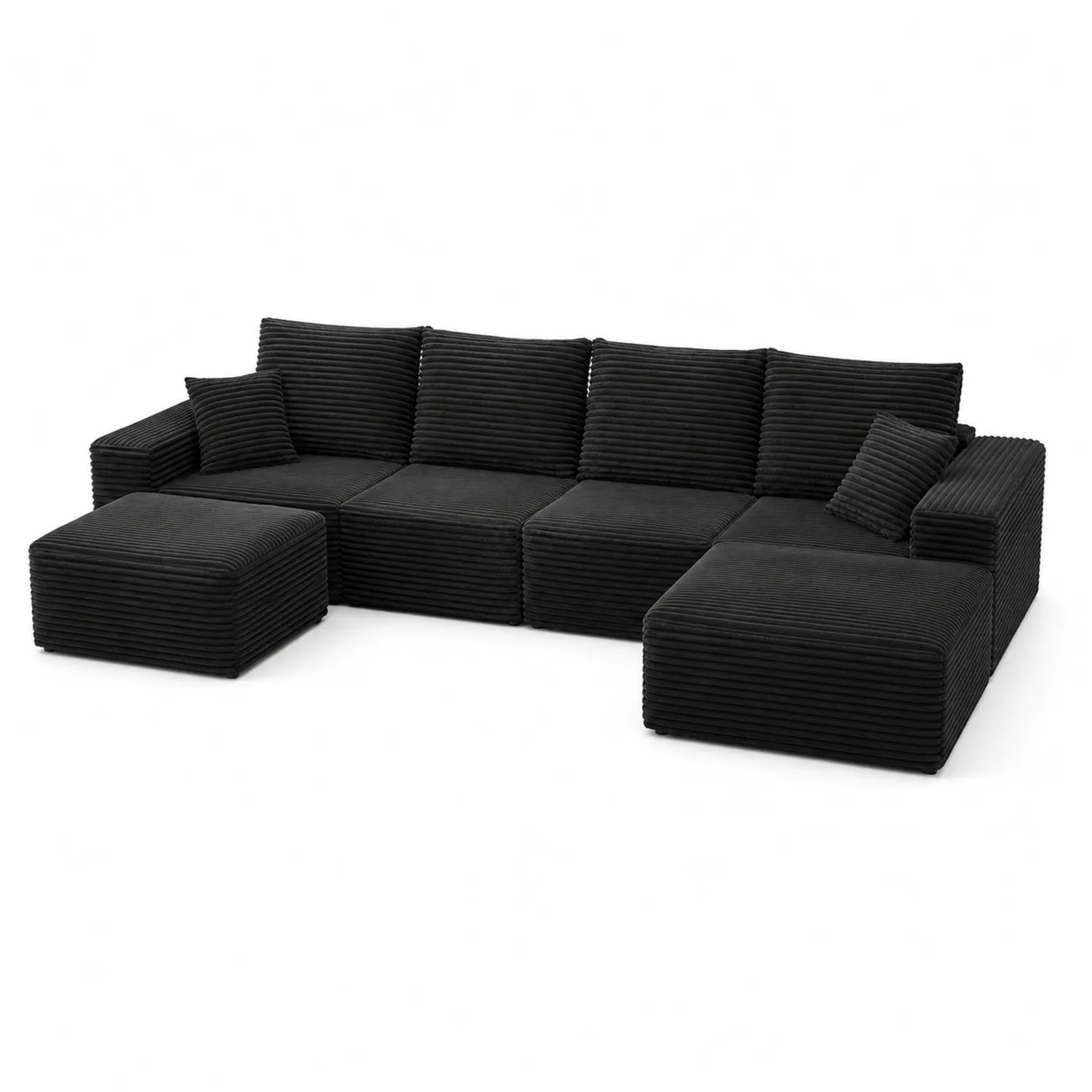 Canapé modulaire en velours côtelé noir avec méridienne et repose-pieds