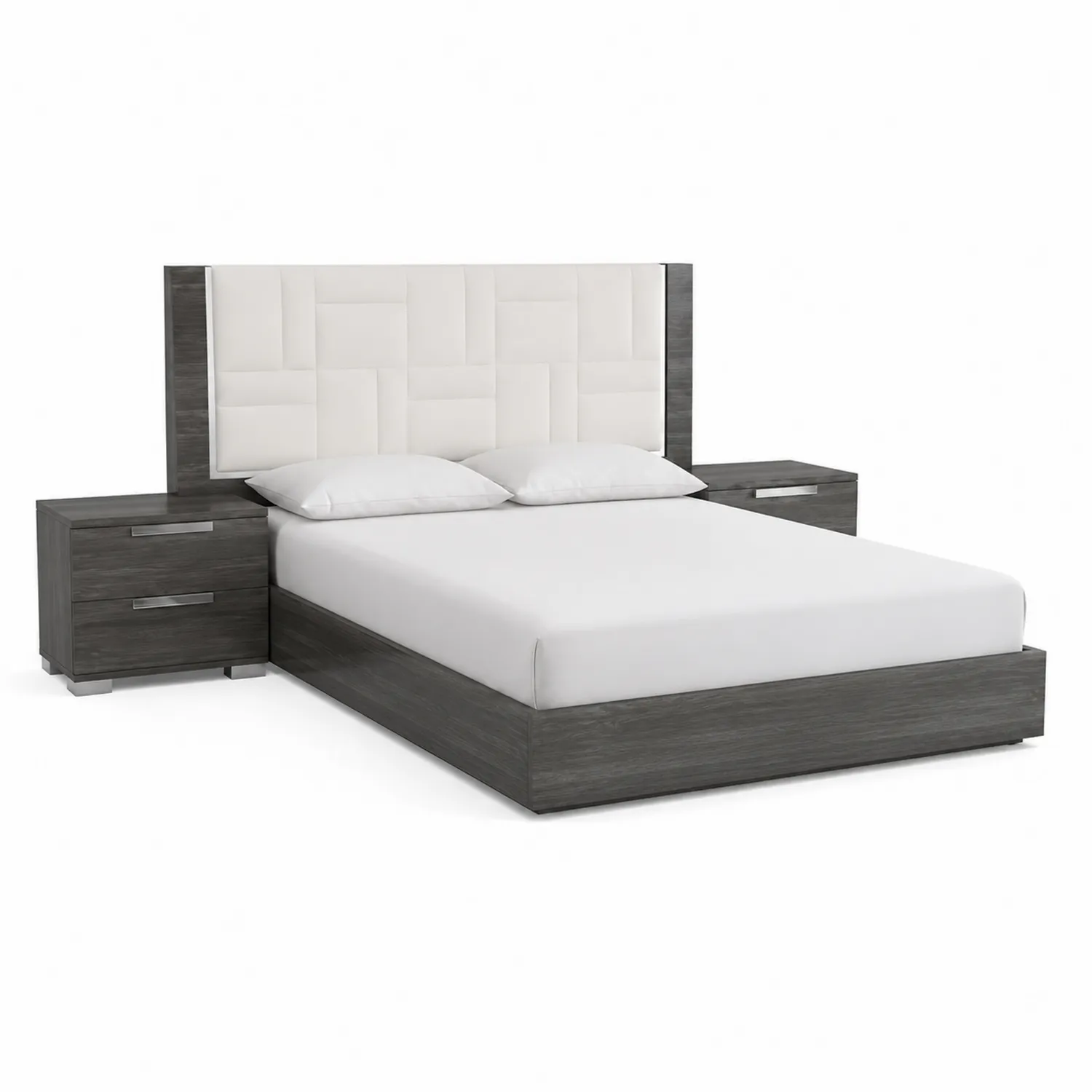 Lit en bois gris avec tête de lit simili cuir blanche et tables de chevet