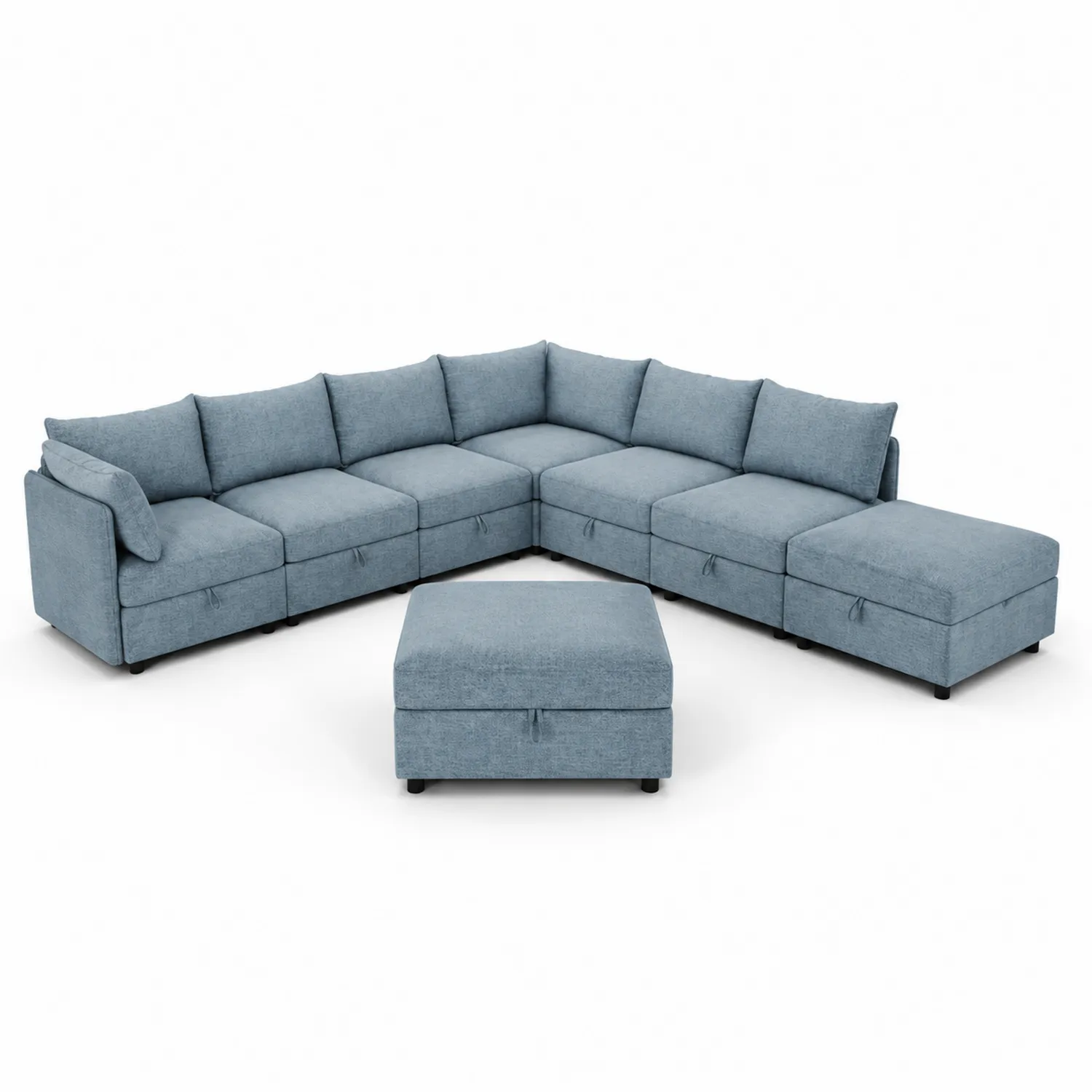 Canapé modulable en tissu bleu clair avec ottoman