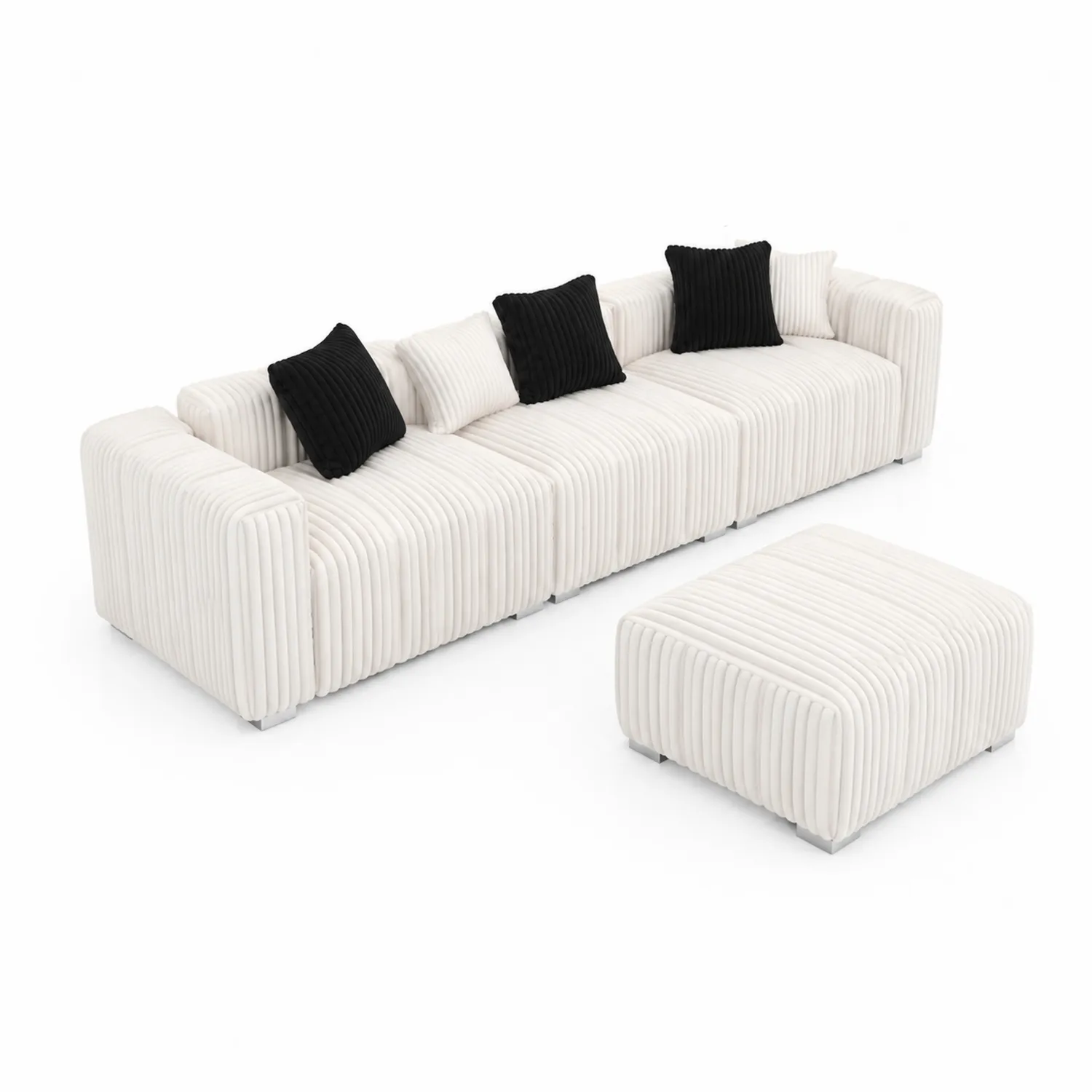 Canapé modulaire en tissu côtelé blanc et coussins noirs