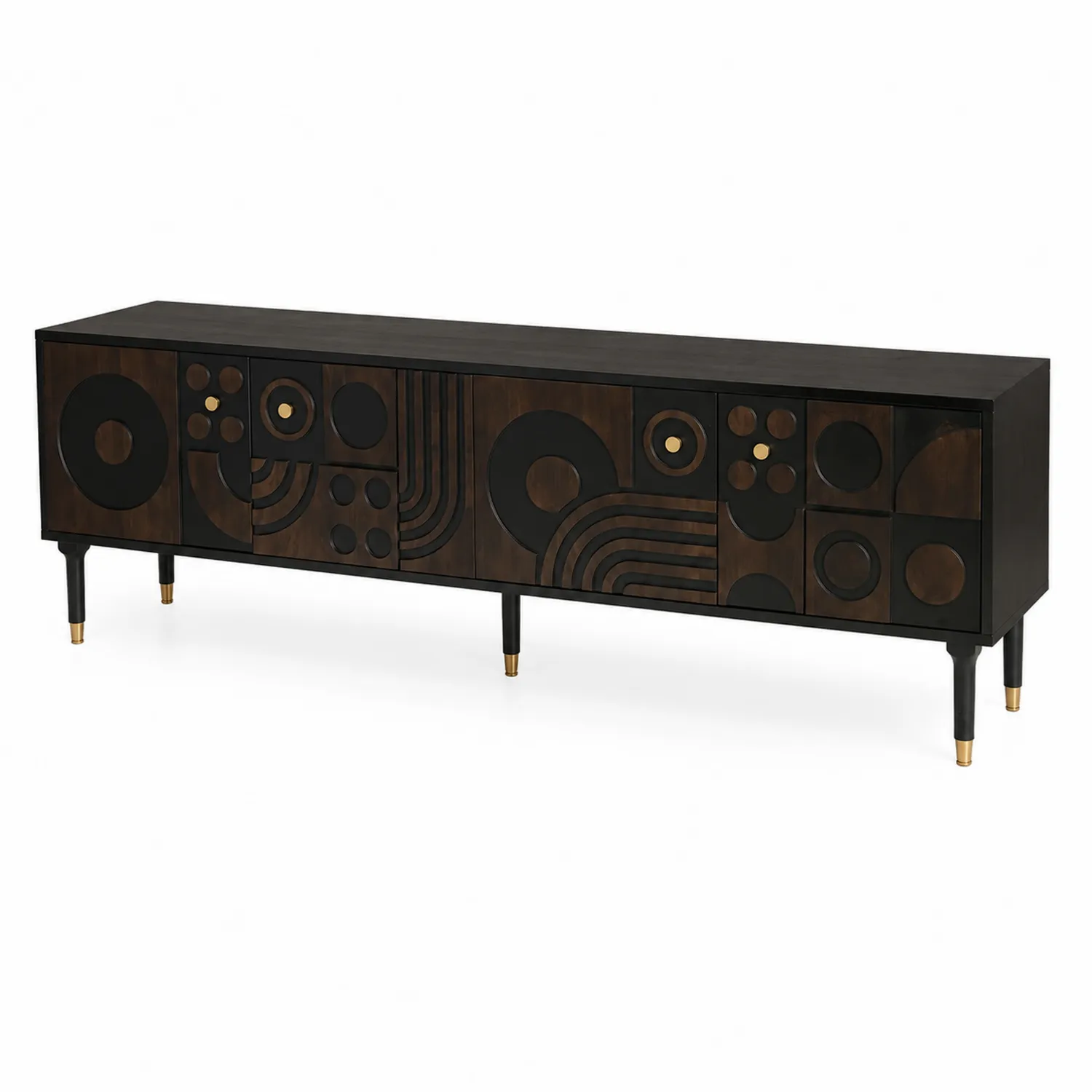Meuble TV en bois massif et métal avec motifs géométriques