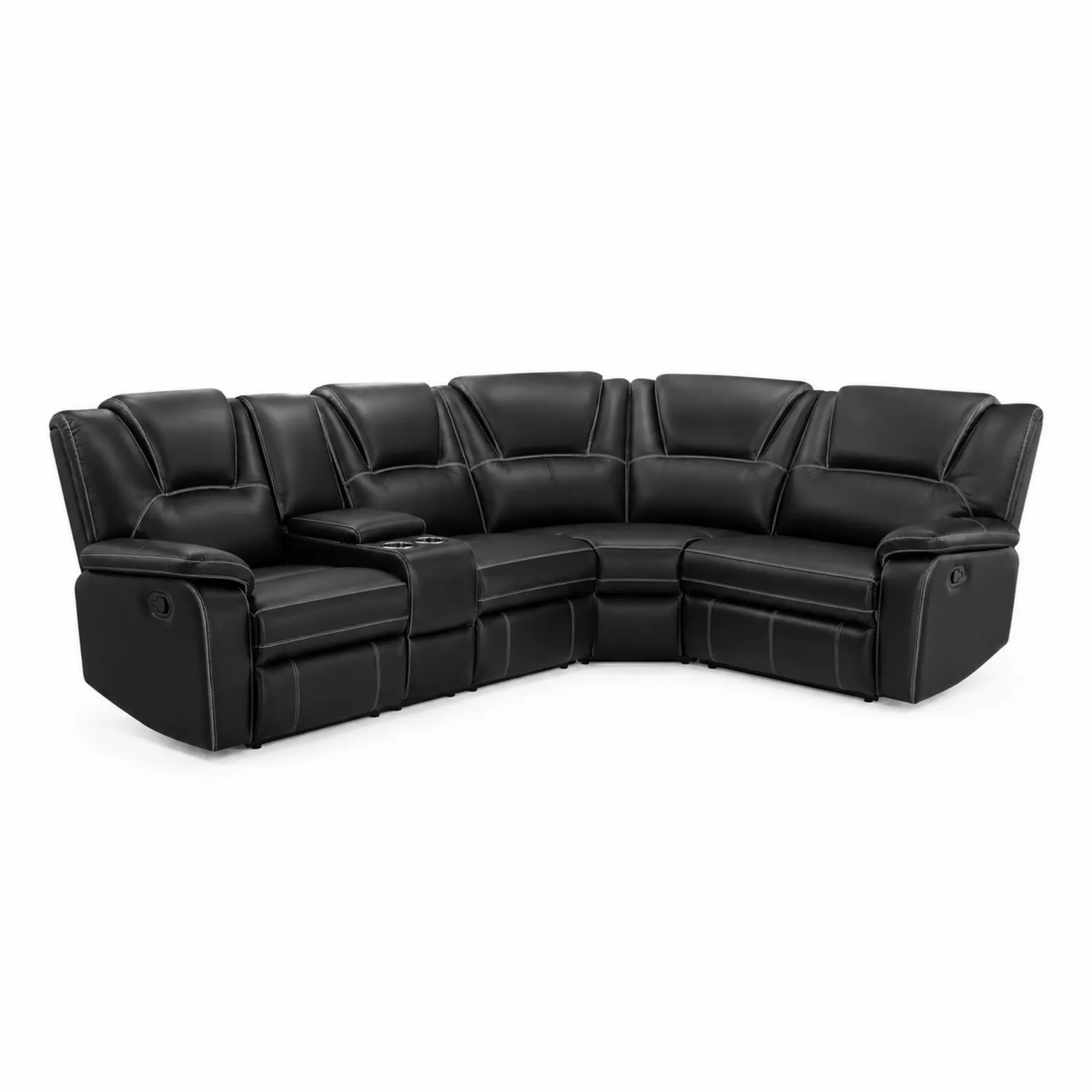 Canapé d'angle en cuir synthétique Noir avec accoudoirs et repose-pieds