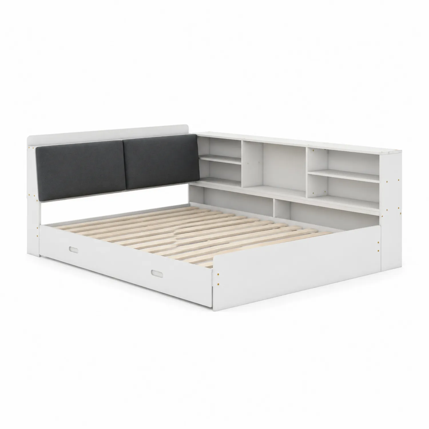 Lit en bois blanc avec étagères et tête de lit rembourrée en polyester gris 200x140 cm