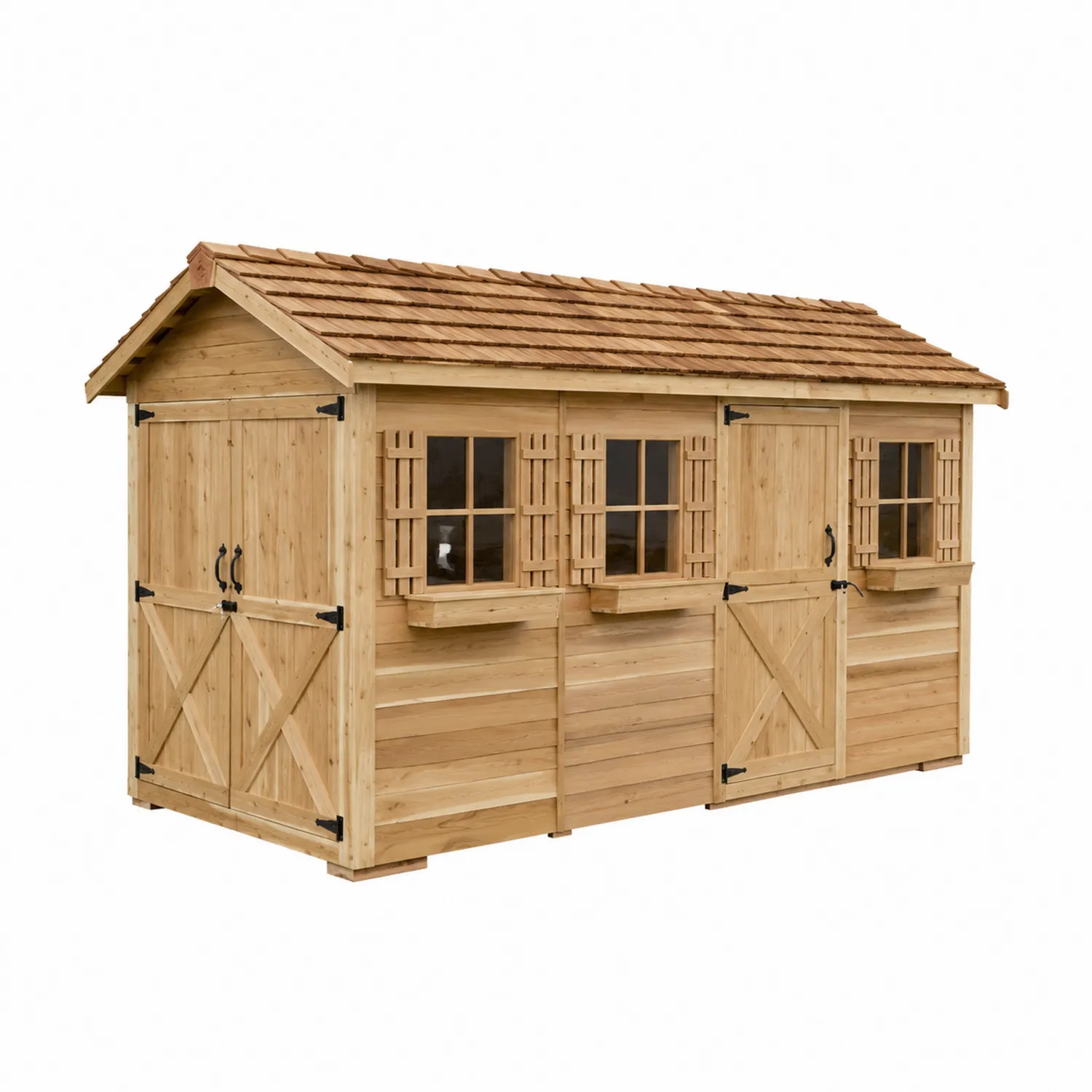 Abri de jardin en bois avec fenêtres et toit en pente