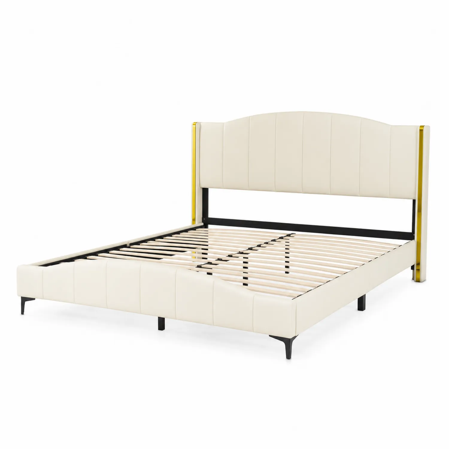 Lit double en cuir synthétique beige avec tête de lit et pieds en métal