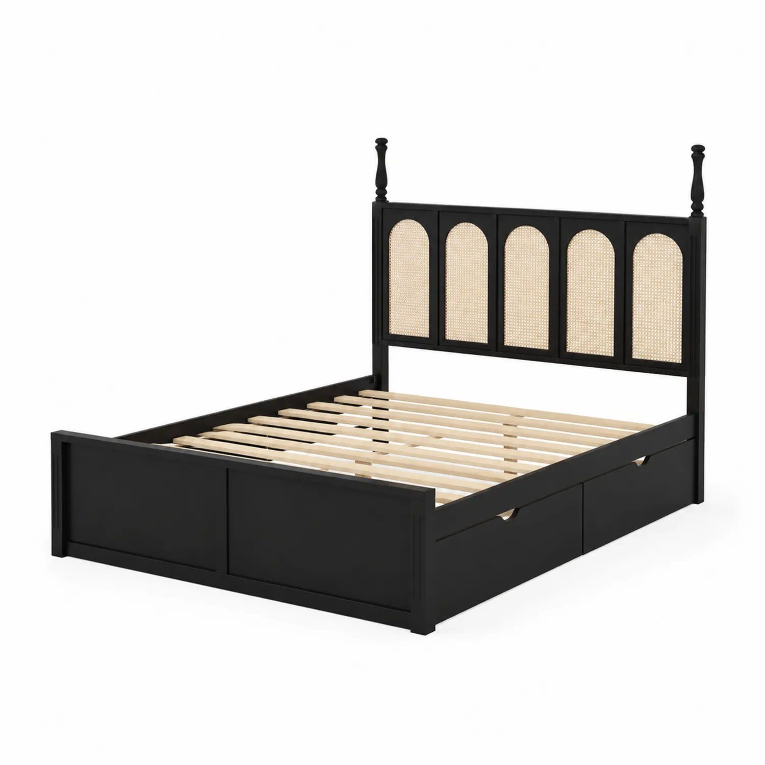 Lit double en bois et rotin avec rangement Noir 200x160 cm