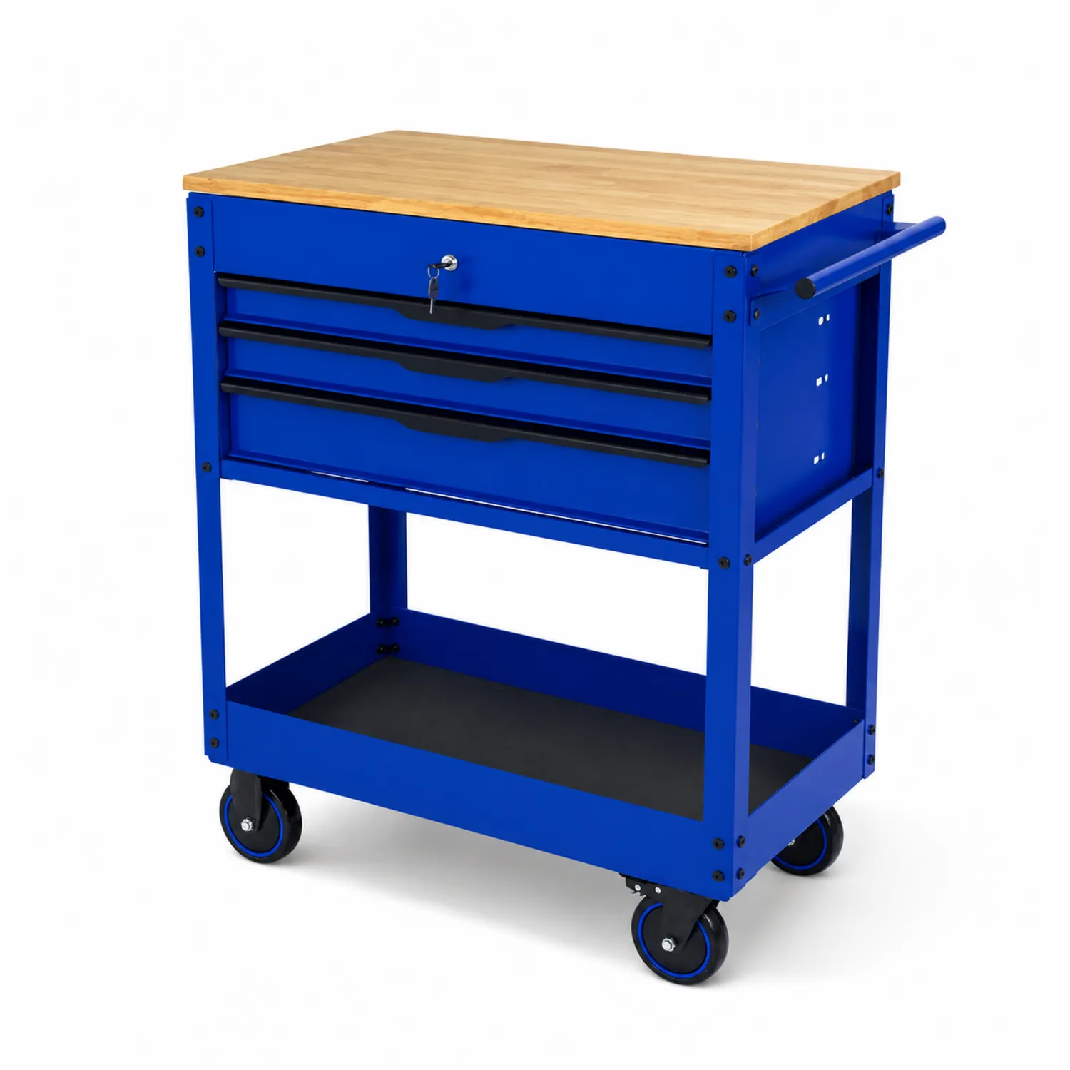 Chariot à outils en métal bleu avec plateau en bois et 3 tiroirs