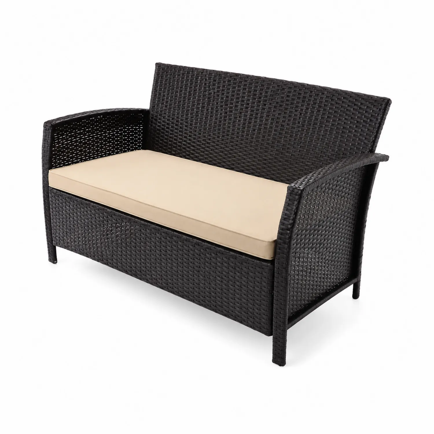Canapé de jardin en résine tressée noir avec coussin beige