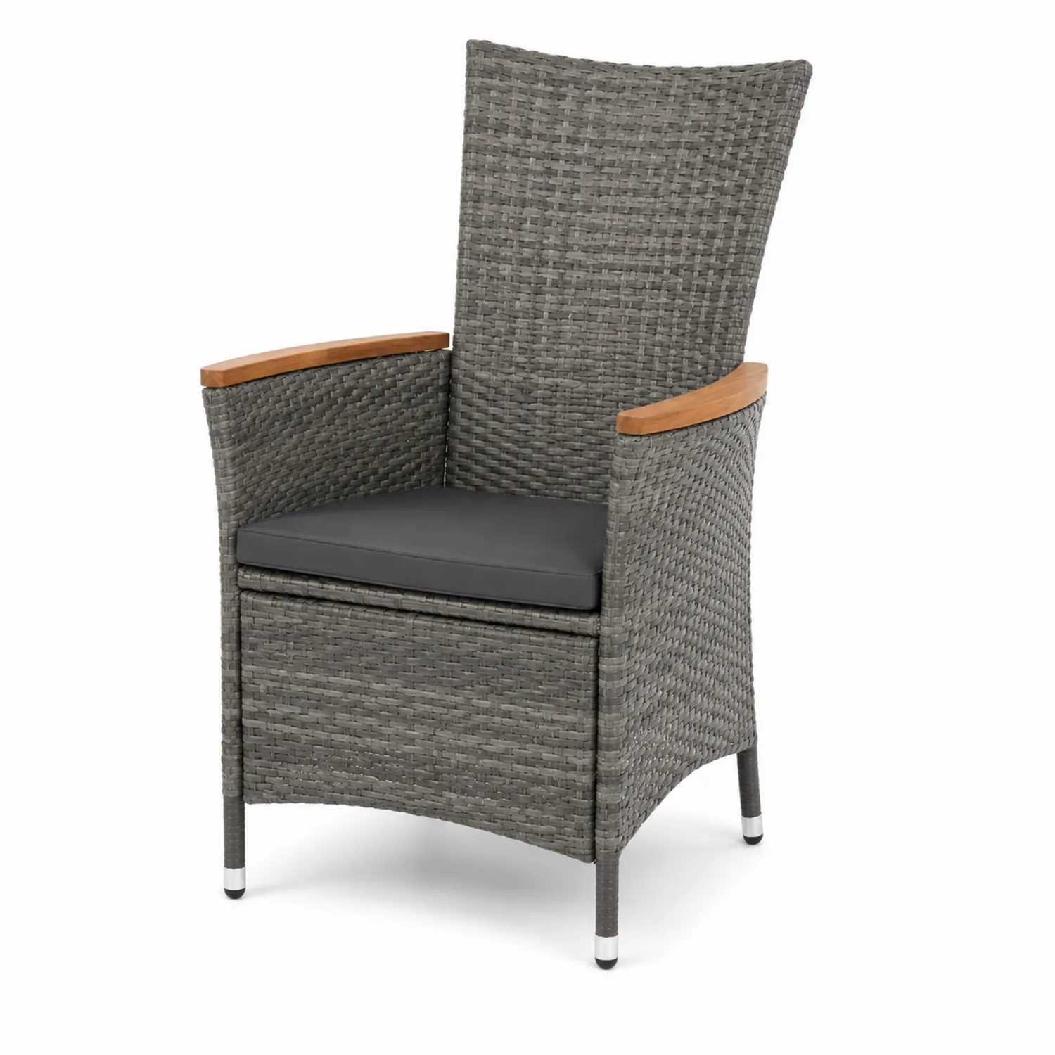 Fauteuil en osier synthétique gris avec accoudoirs en bois