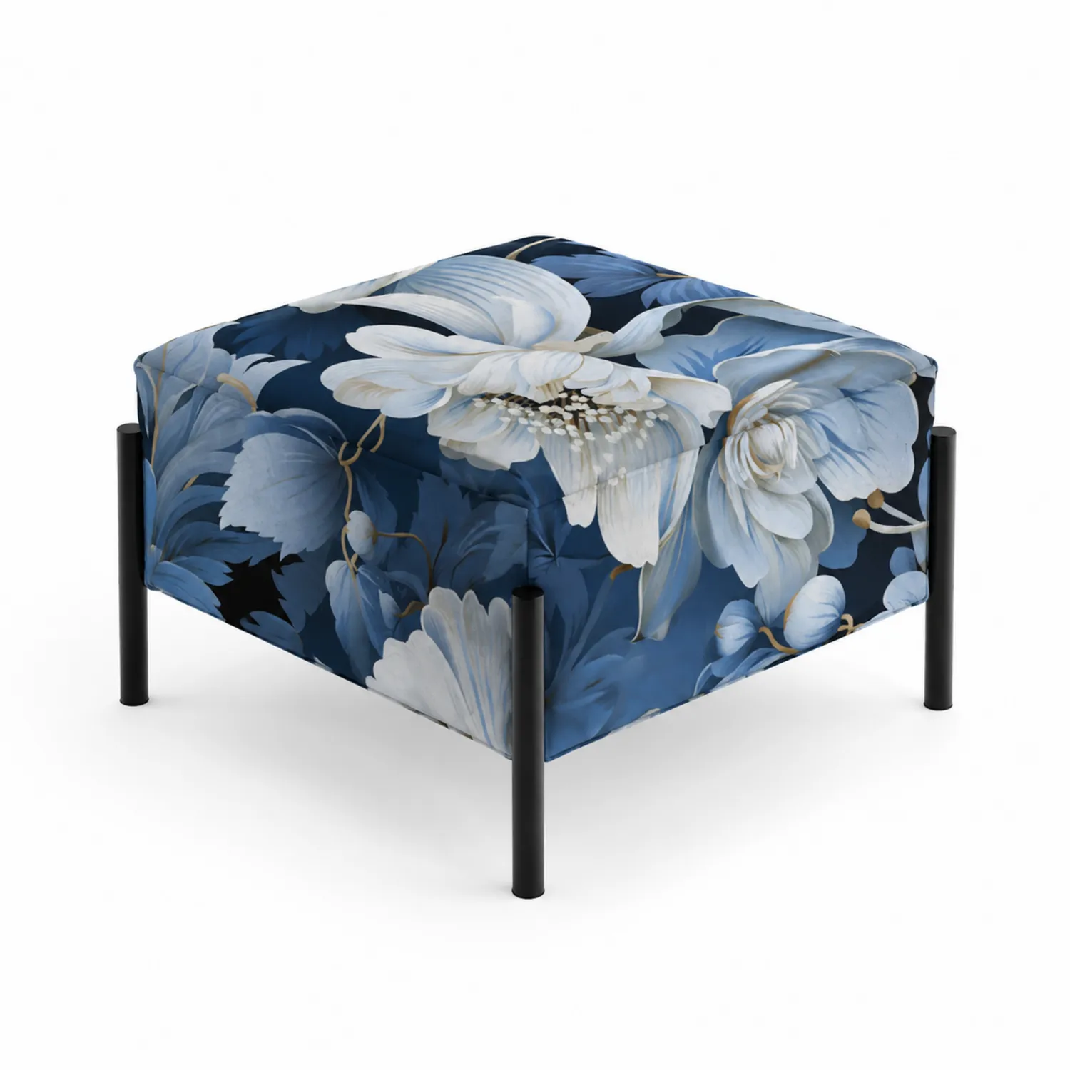 Pouf carré en tissu bleu à motifs floraux