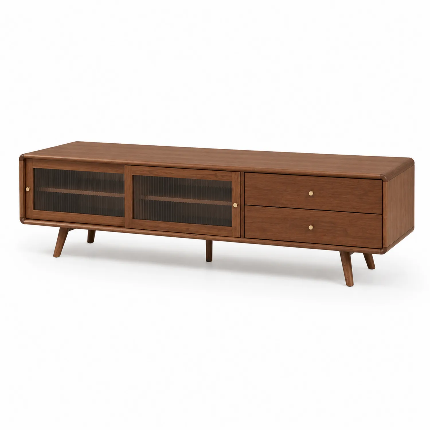 Meuble TV en bois avec portes en verre et 2 tiroirs, 160cm