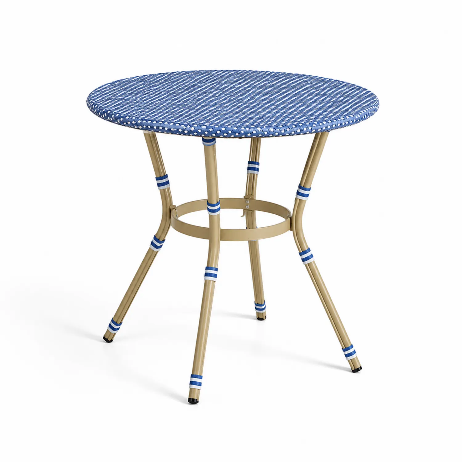 Table ronde en aluminium et résine tressée, Bleu, 70cm
