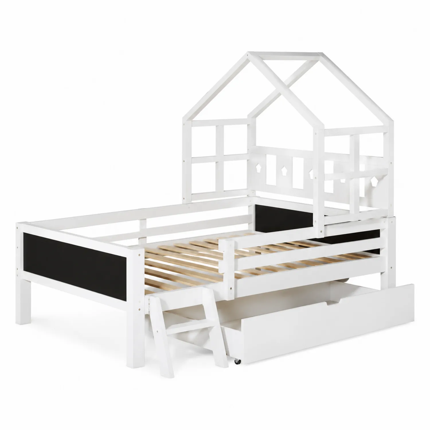 Lit cabane en bois Blanc et Noir avec rangement 200x90 cm