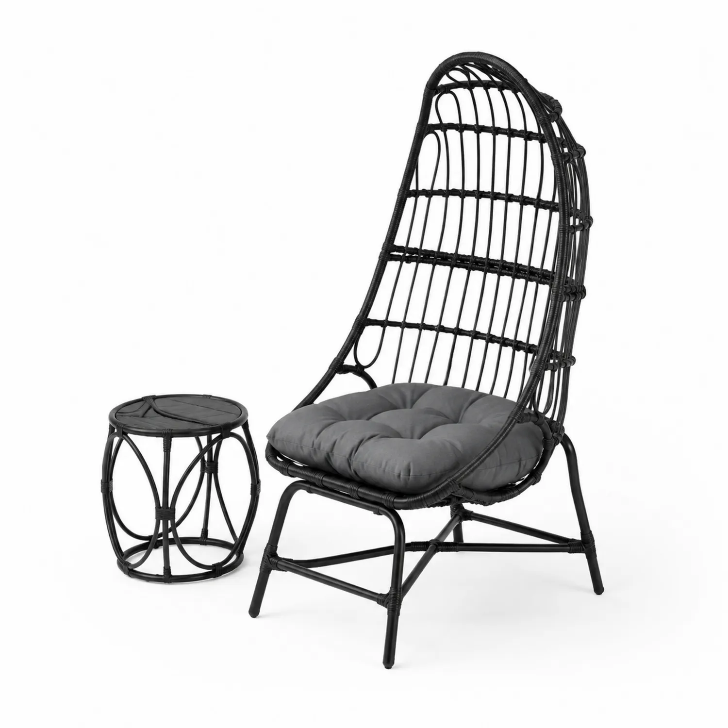 Fauteuil et Table Basse en Rotin Noir avec Coussin Gris