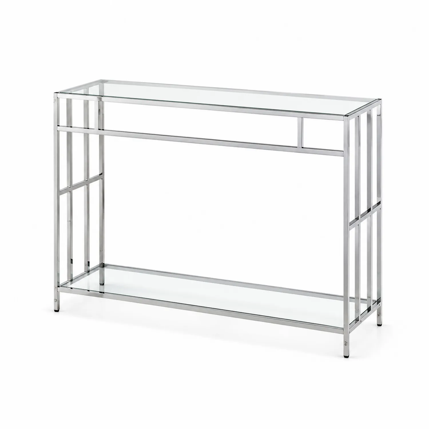 Console en verre trempé transparent et métal chromé 110 cm