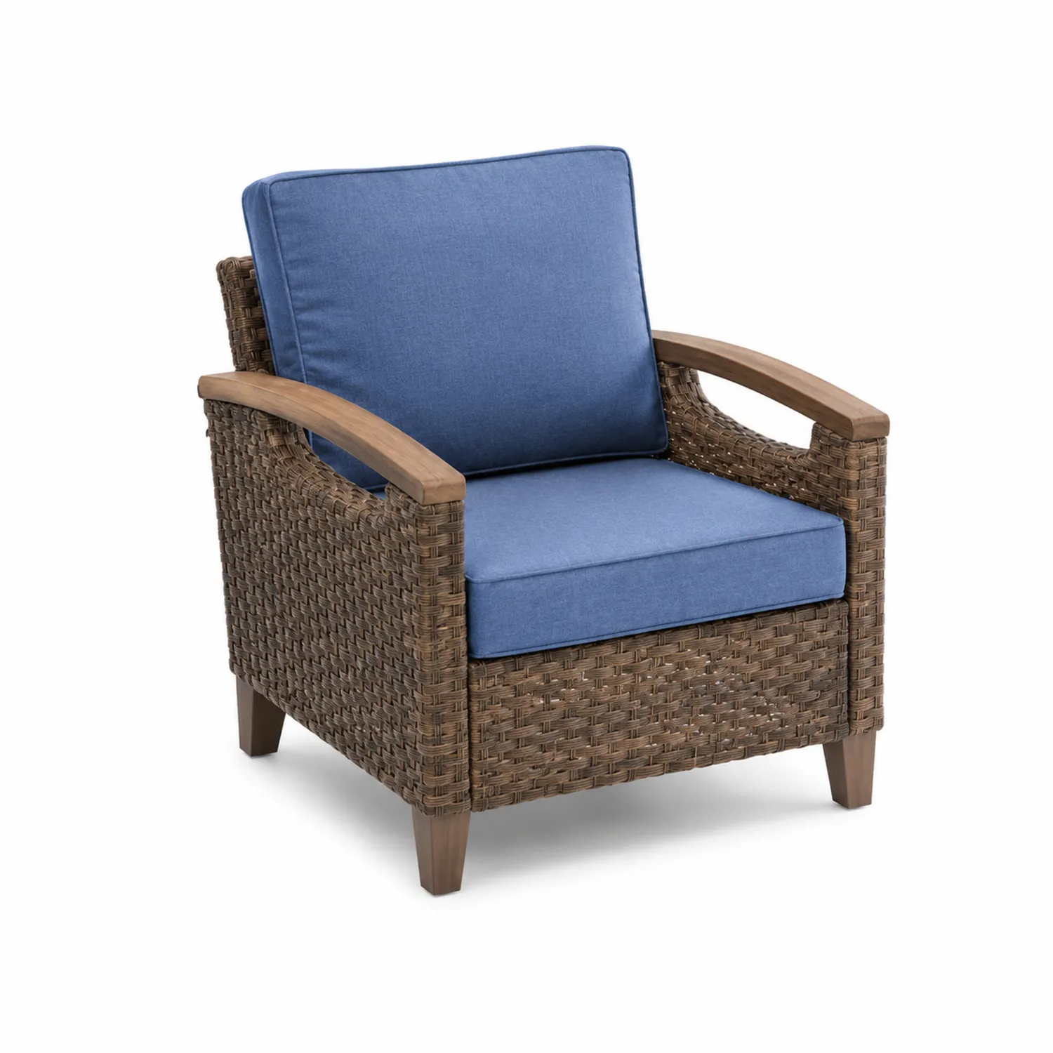 Fauteuil en rotin synthétique avec accoudoirs en bois et coussins en polyester bleu