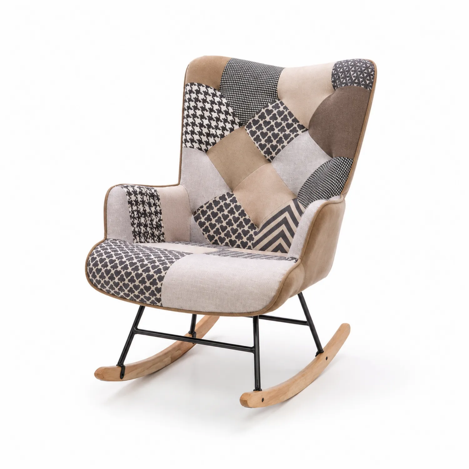 Chaise à bascule en tissu patchwork avec pieds en bois et métal