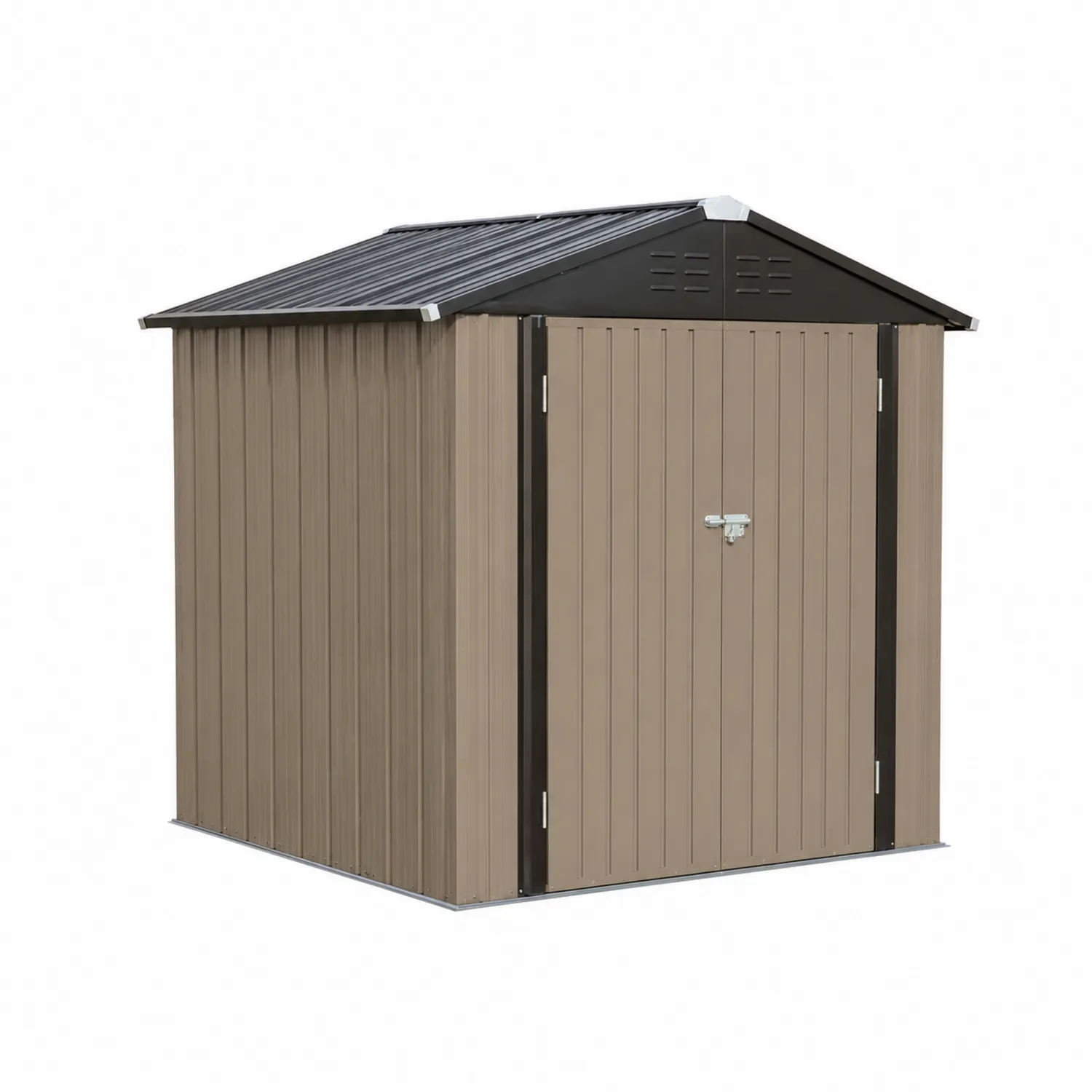 Abri de rangement en métal brun avec toit en pente