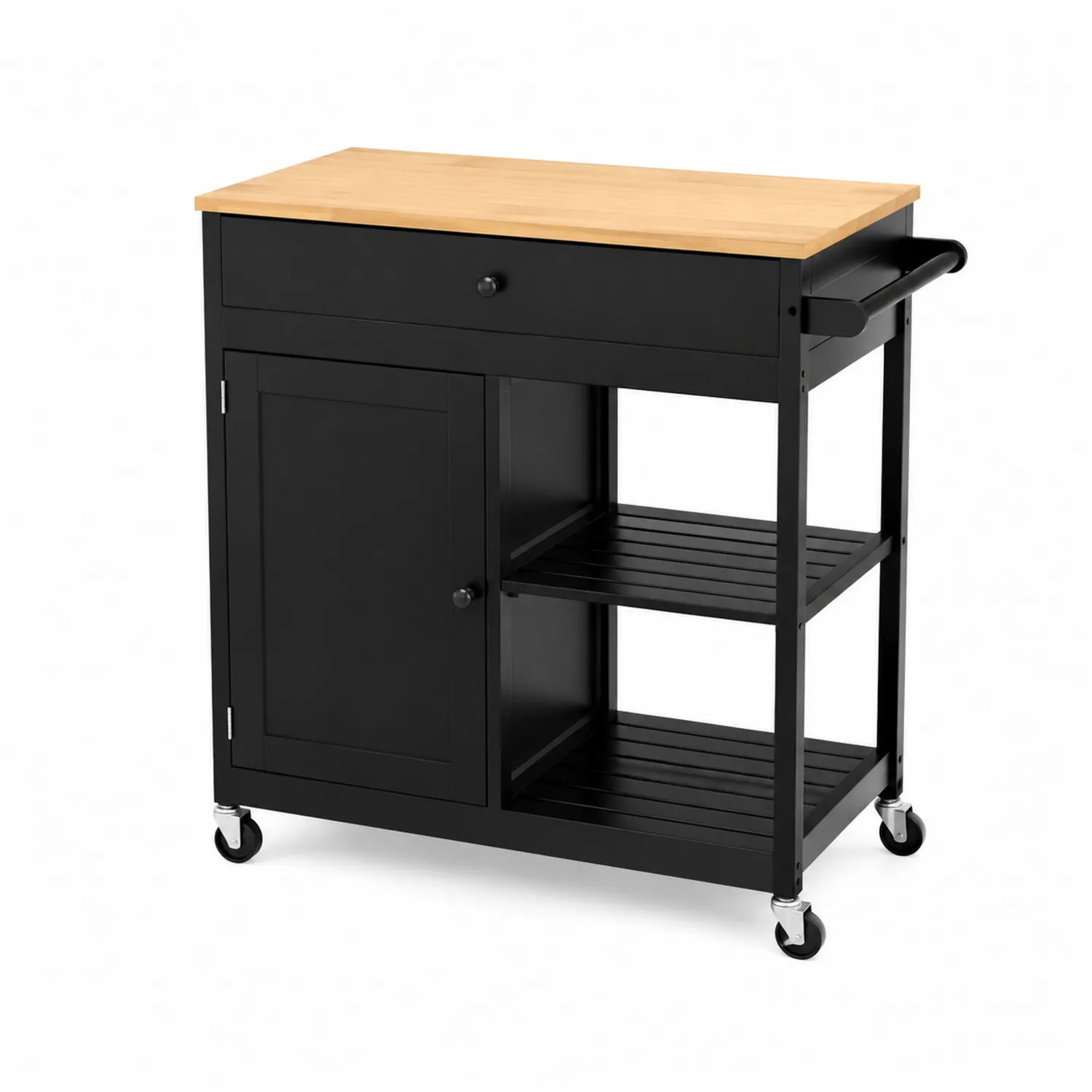 Chariot de cuisine noir avec plateau en bois et roulettes