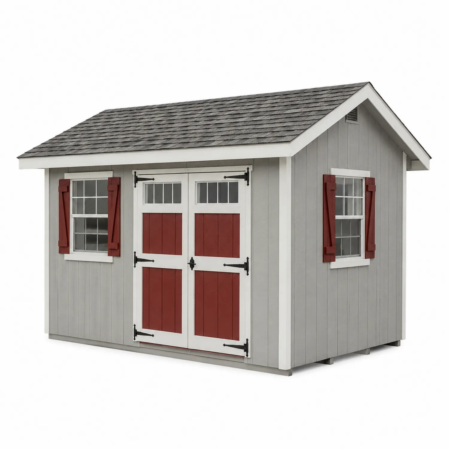 Abri de jardin en bois gris avec portes rouges