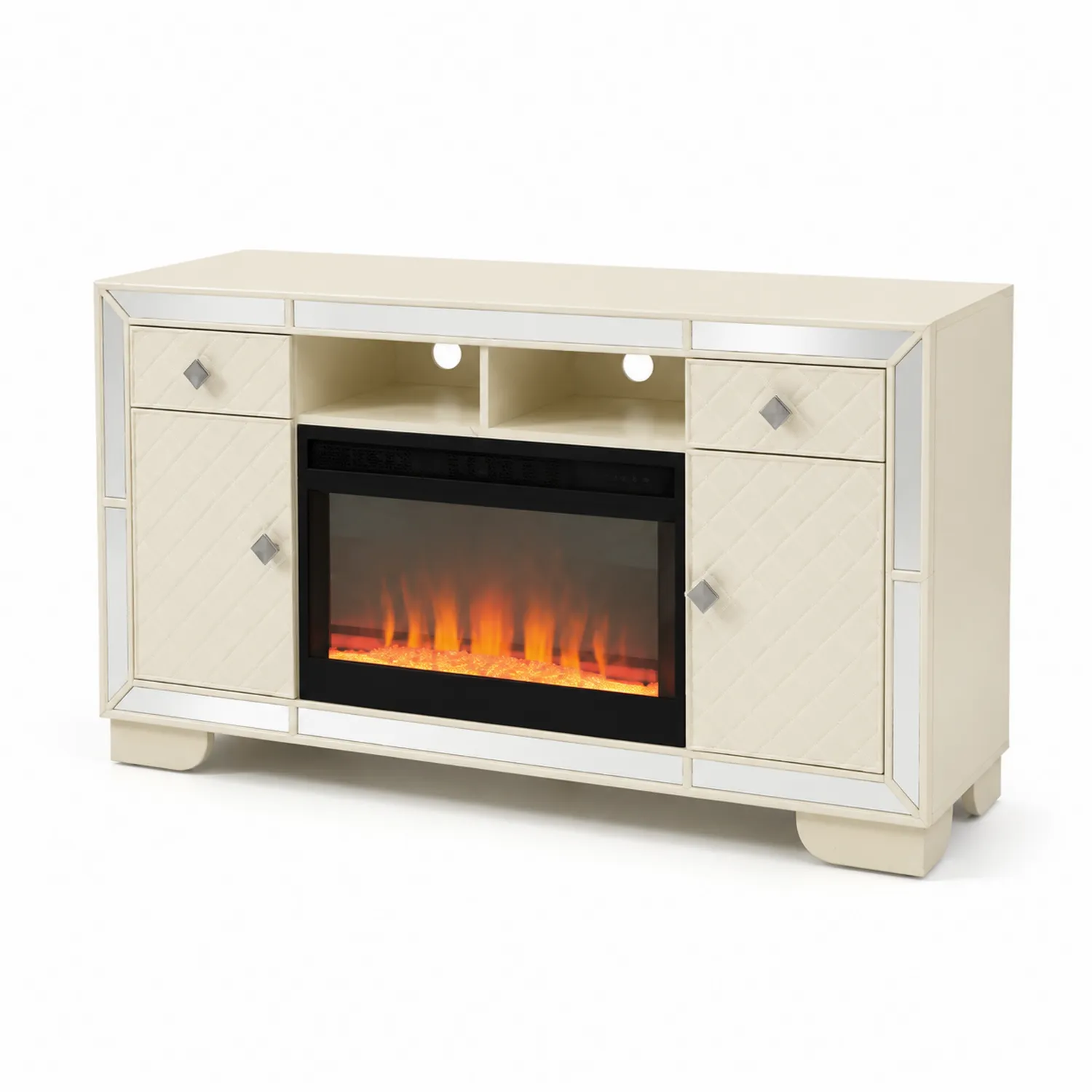 Meuble TV avec cheminée intégrée en bois et métal Crème
