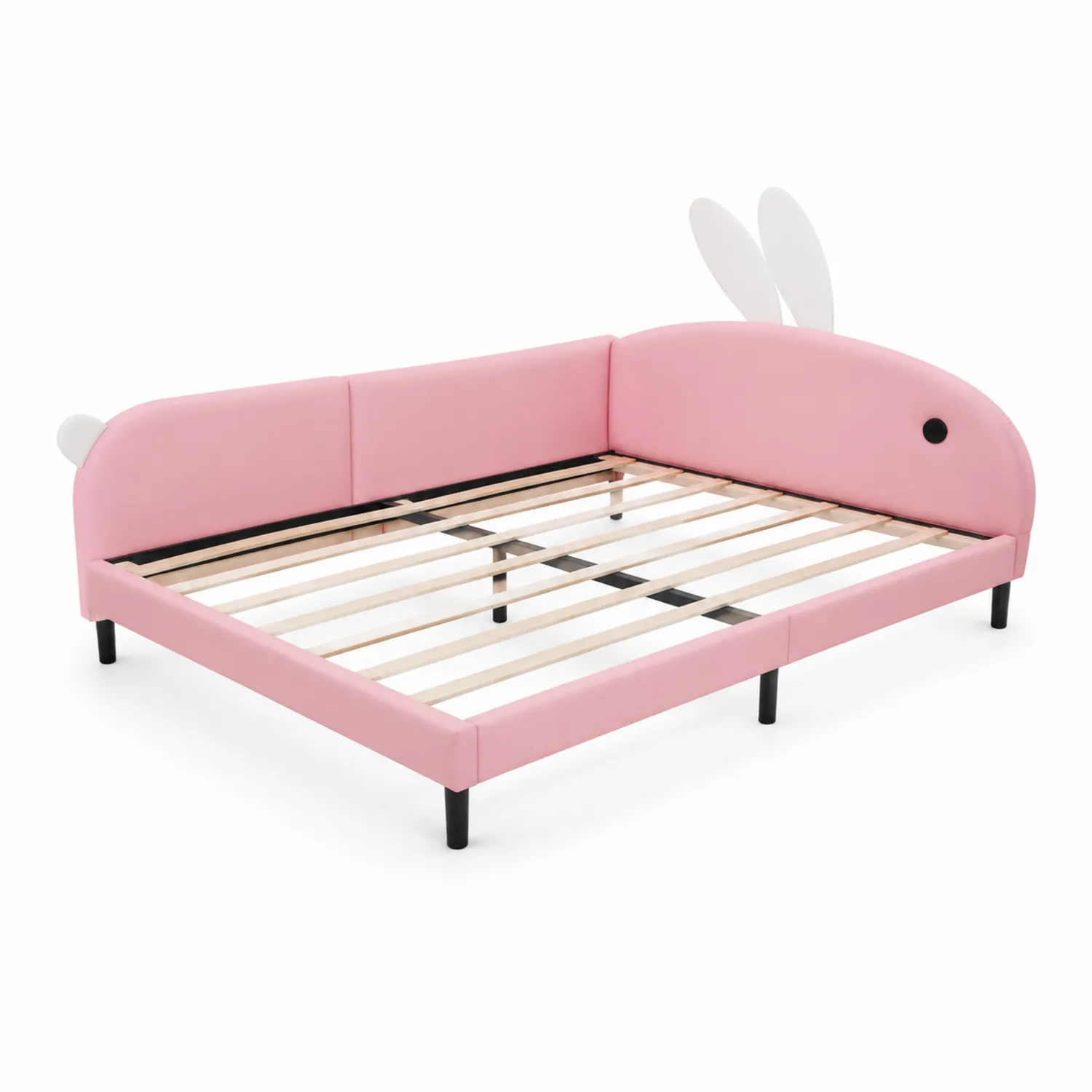 Lit enfant en bois et simili cuir rose avec oreilles de lapin
