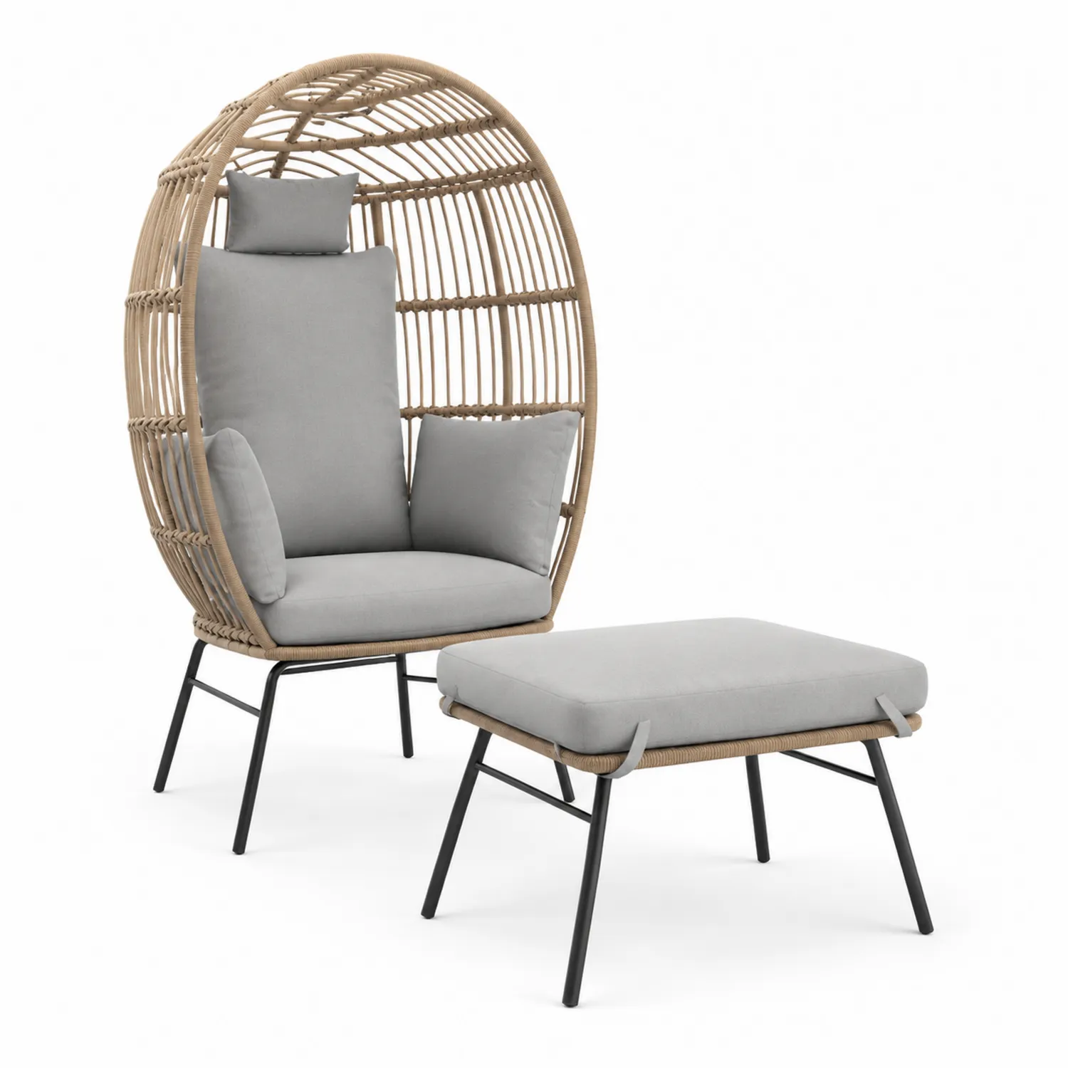 Fauteuil d'extérieur en rotin avec repose-pieds et coussins en polyester gris