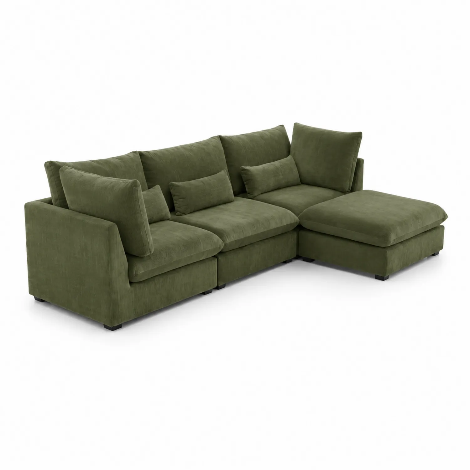 Canapé modulaire en velours vert trois places avec méridienne
