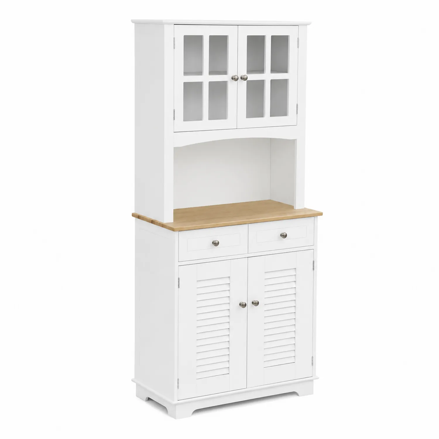 Buffet en bois blanc avec portes vitrées et étagères