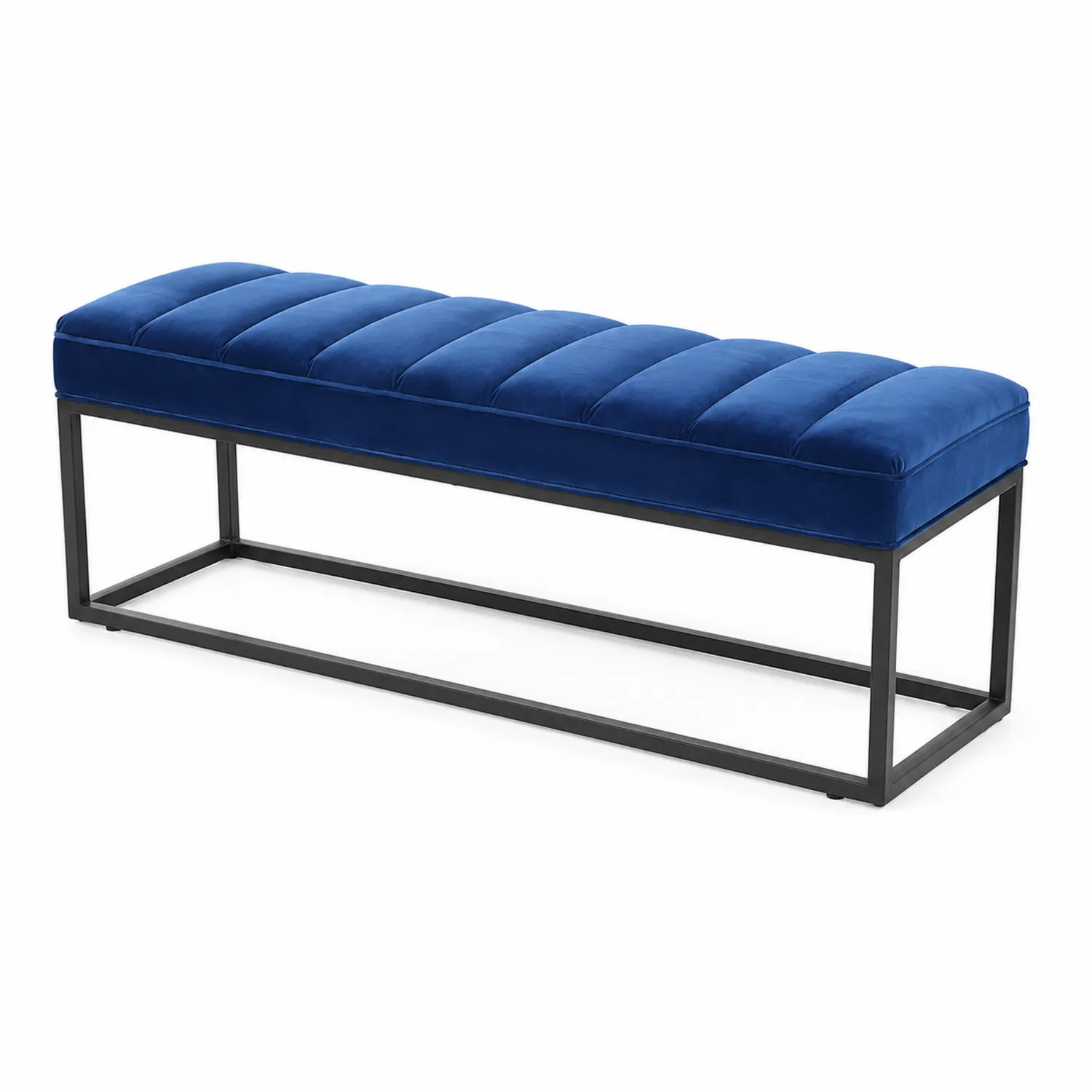 Banc en velours bleu avec structure en métal