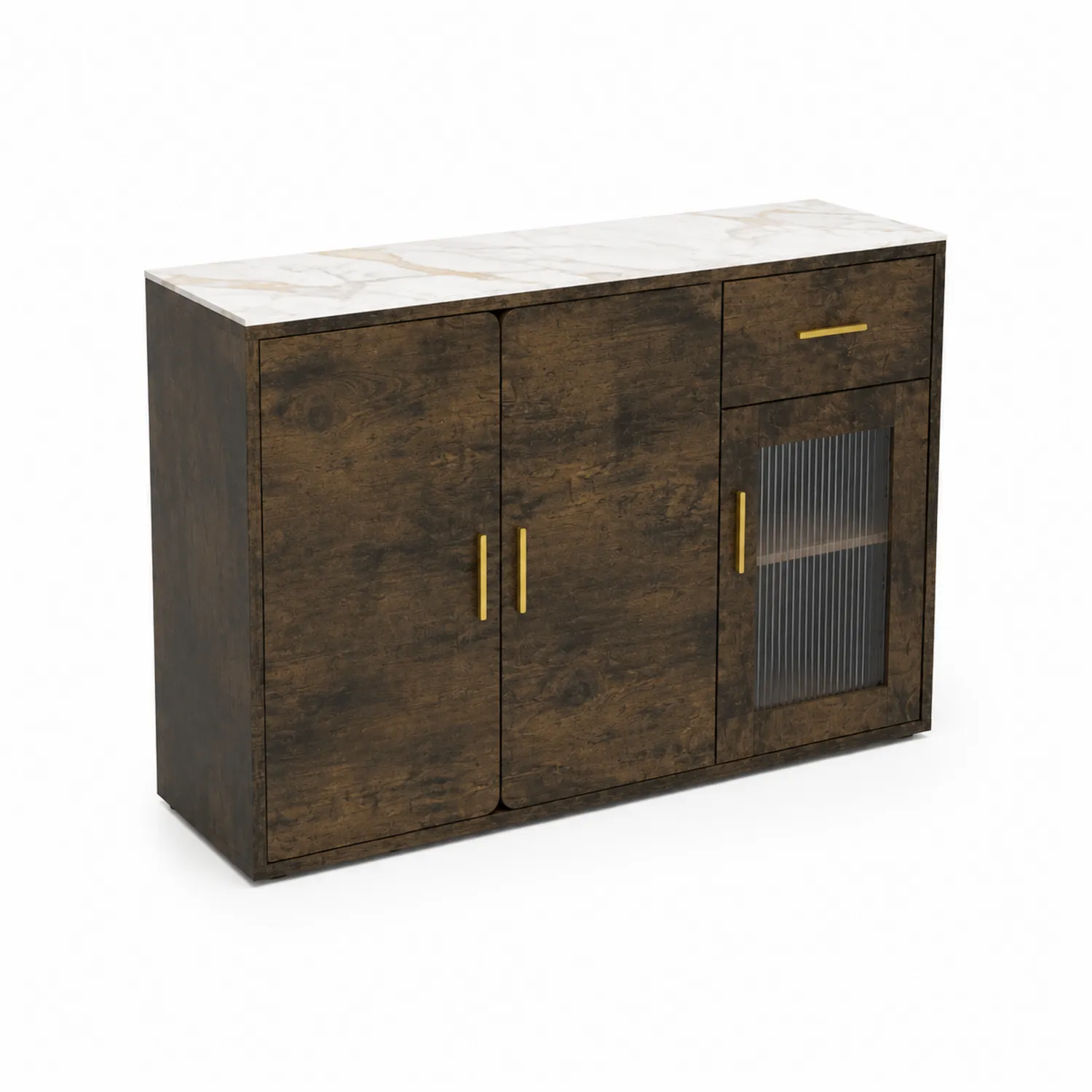 Buffet en bois avec dessus effet marbre et portes en verre cannelé